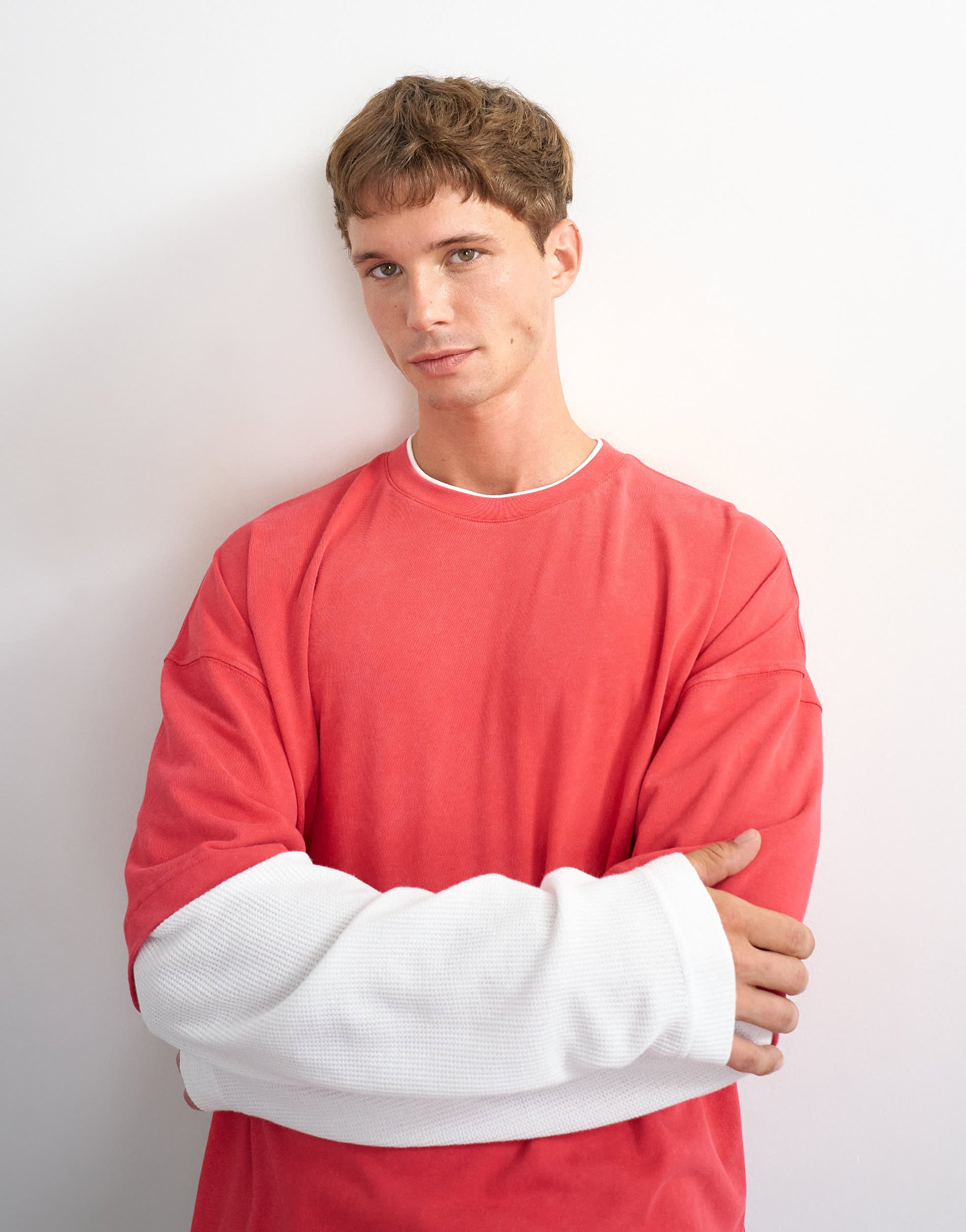 Topman relaxed fit crop layered t-shirt with waffle sleeve in washed red