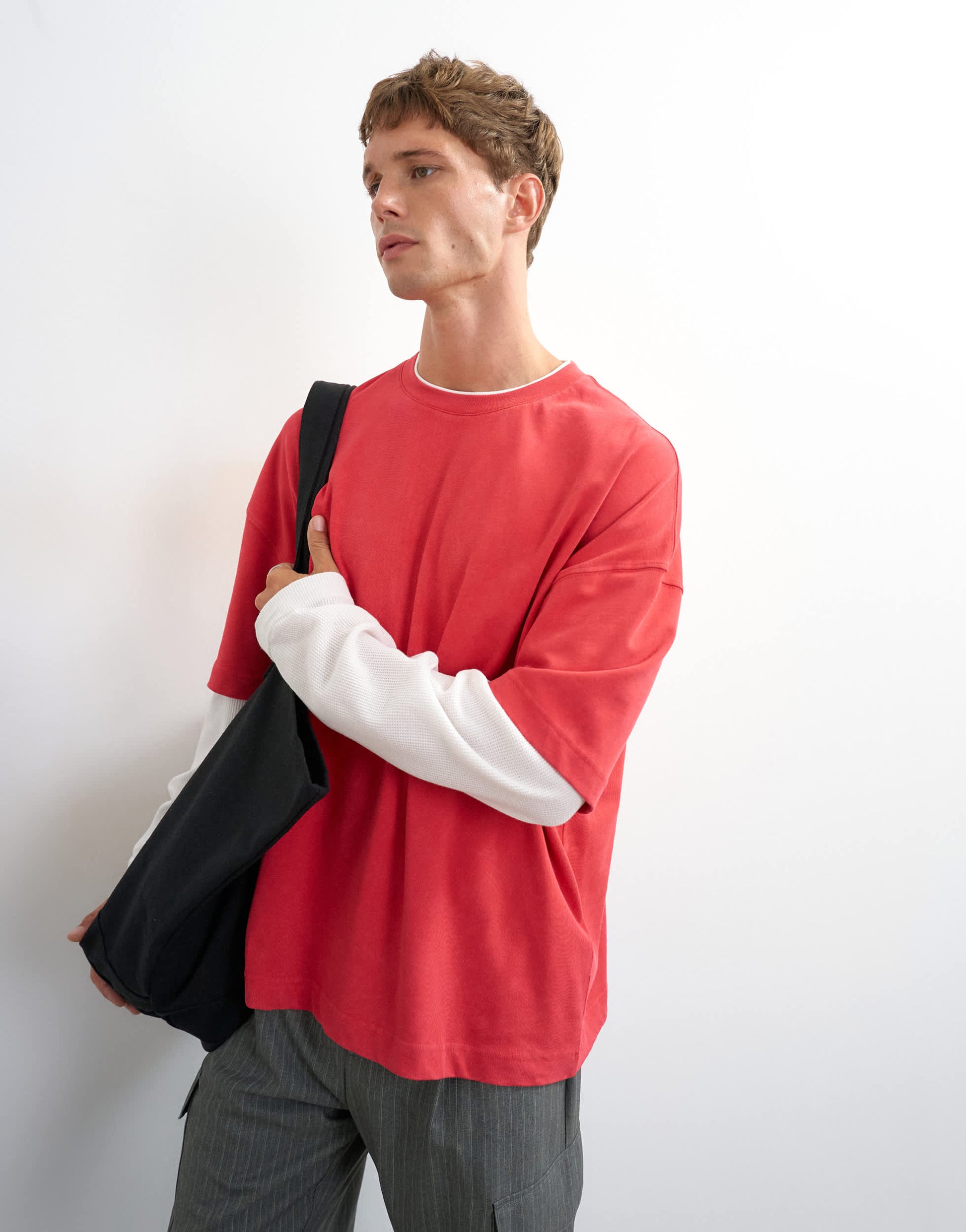 Topman relaxed fit crop layered t-shirt with waffle sleeve in washed red
