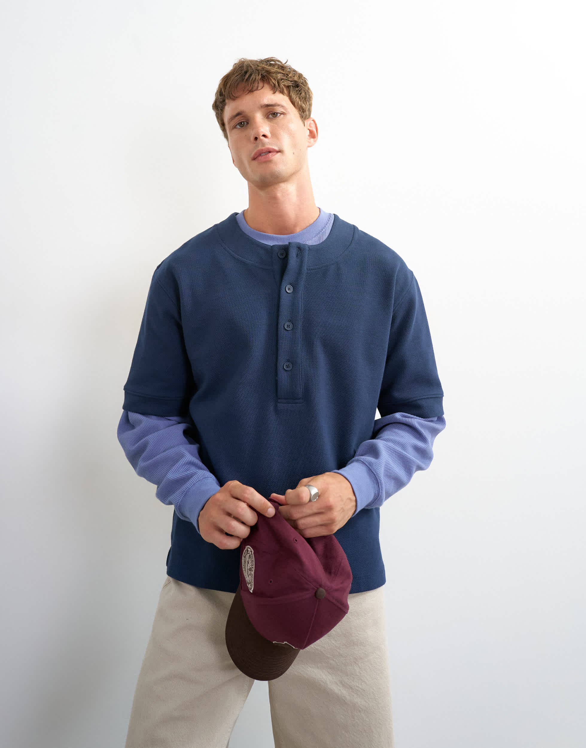 Topman relaxed fit jersey twill baseball henley shirt in navy