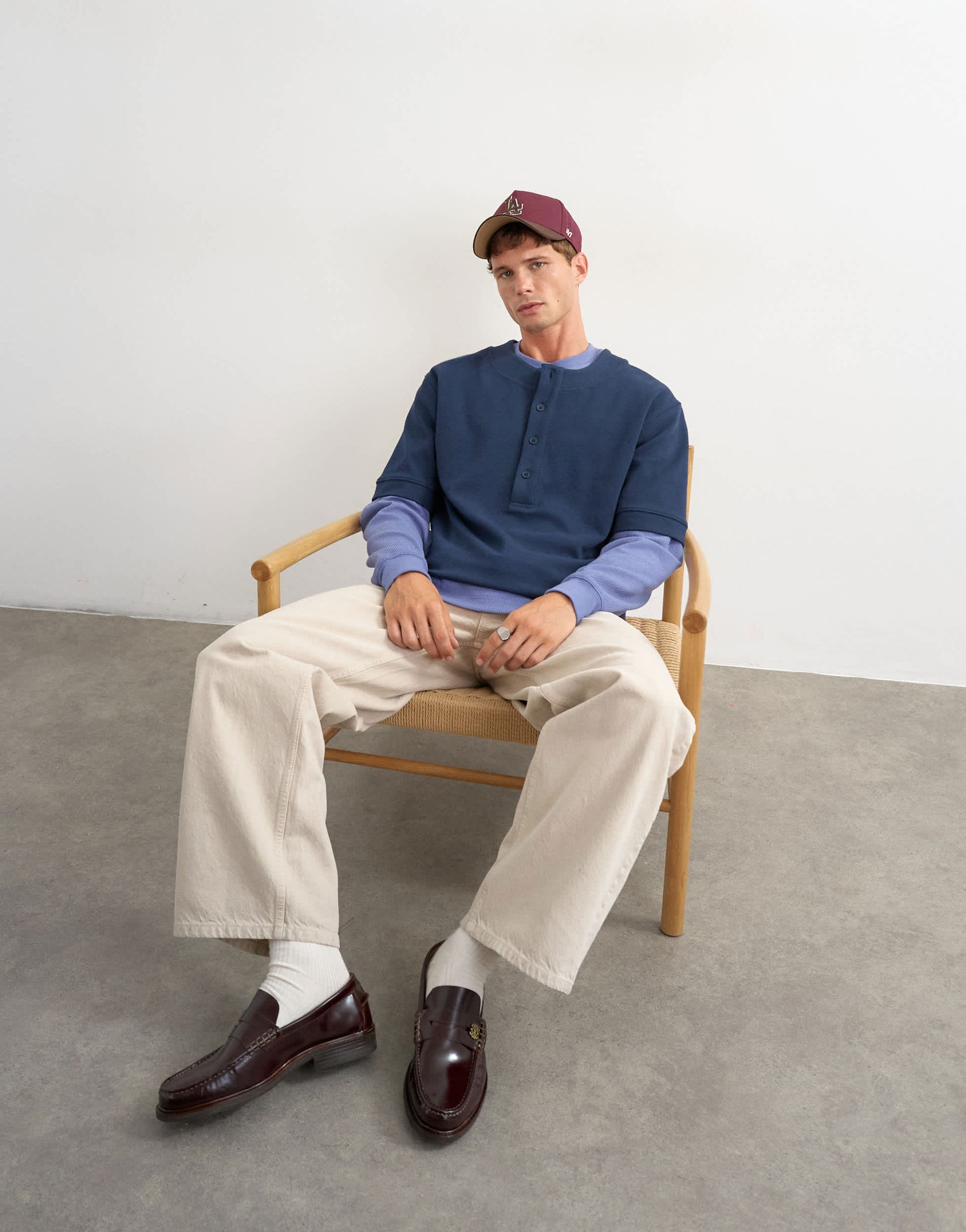 Topman relaxed fit jersey twill baseball henley shirt in navy