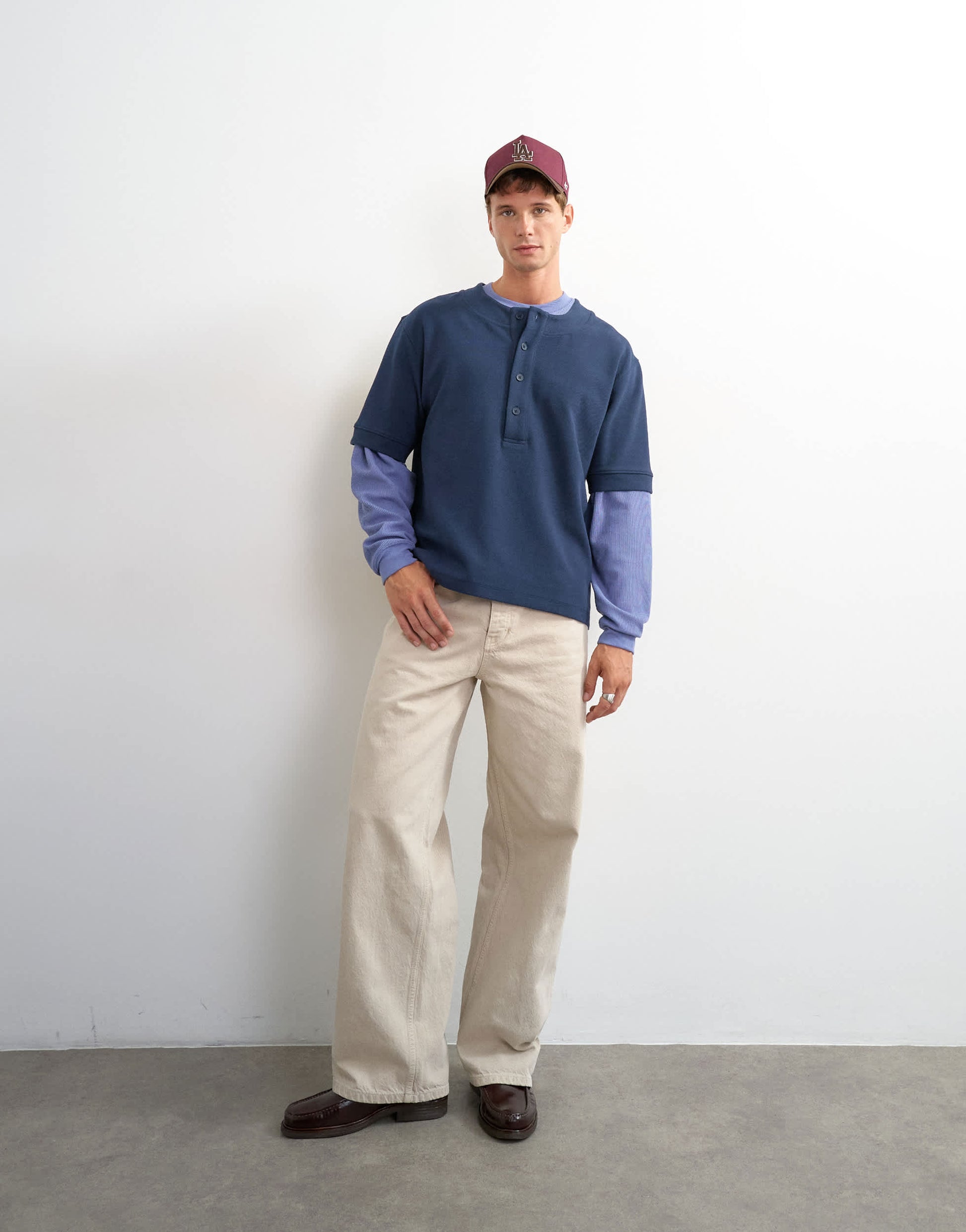 Topman relaxed fit jersey twill baseball henley shirt in navy
