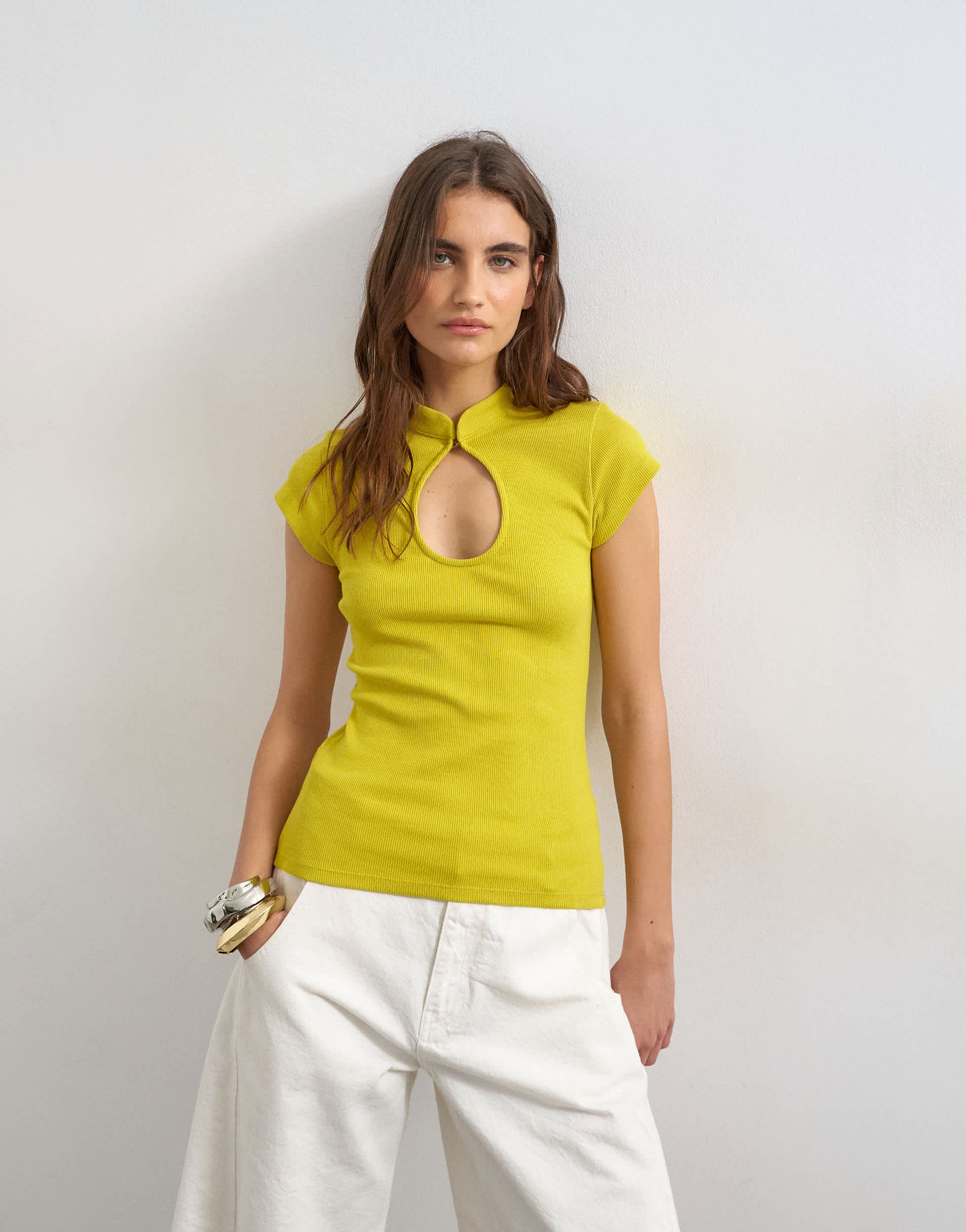 Topshop ribbed key hole top in chartreuse