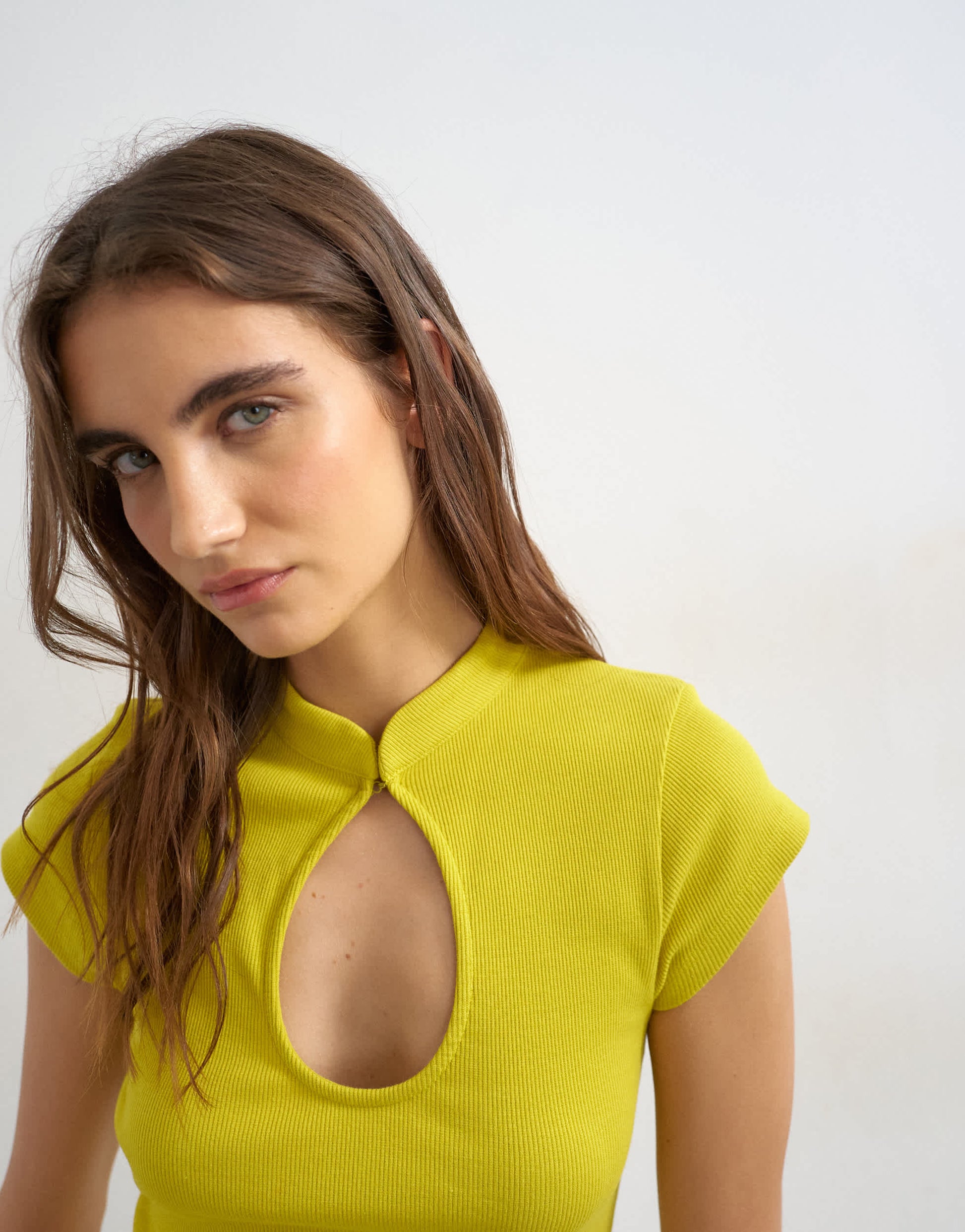 Topshop ribbed key hole top in chartreuse