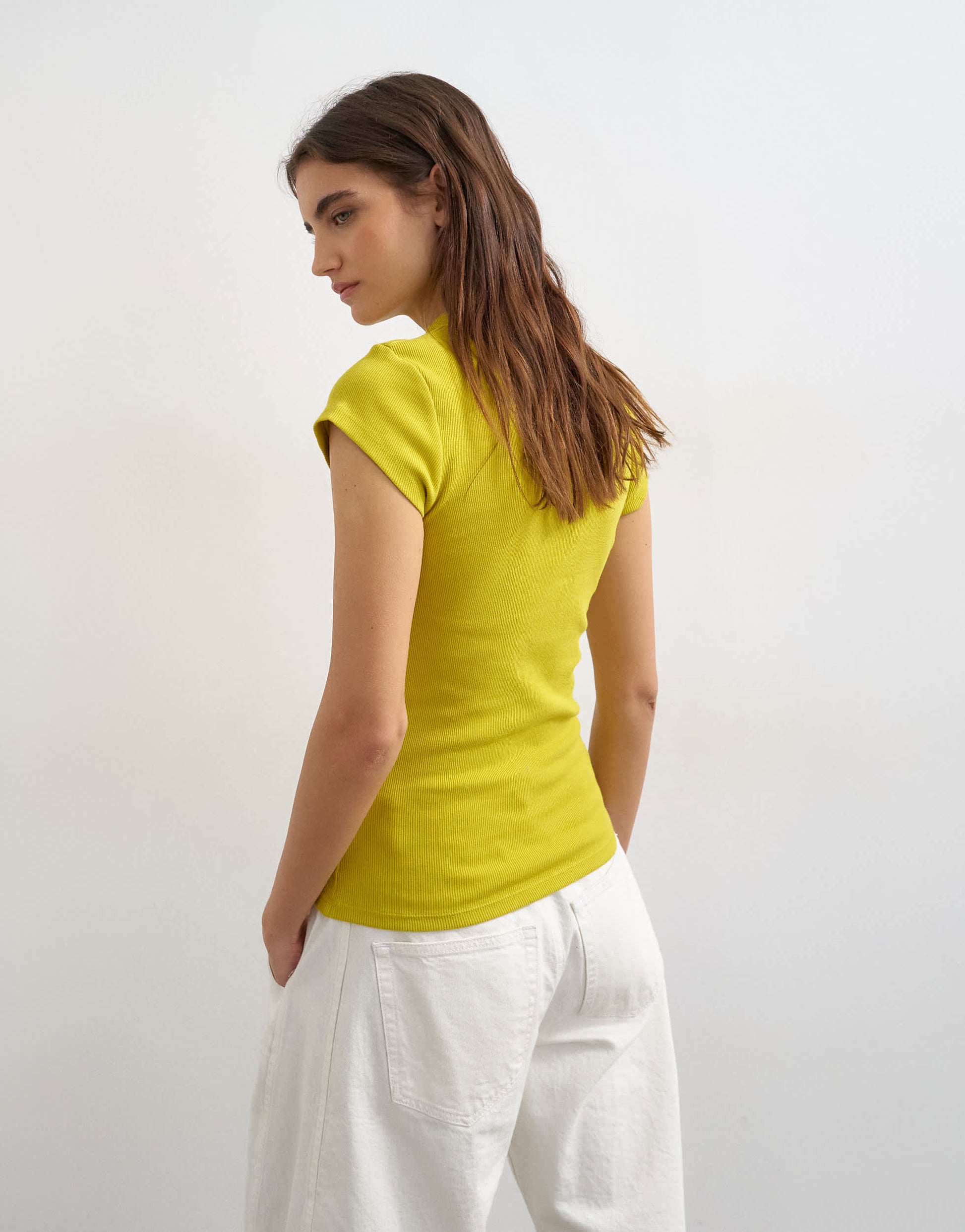 Topshop ribbed key hole top in chartreuse
