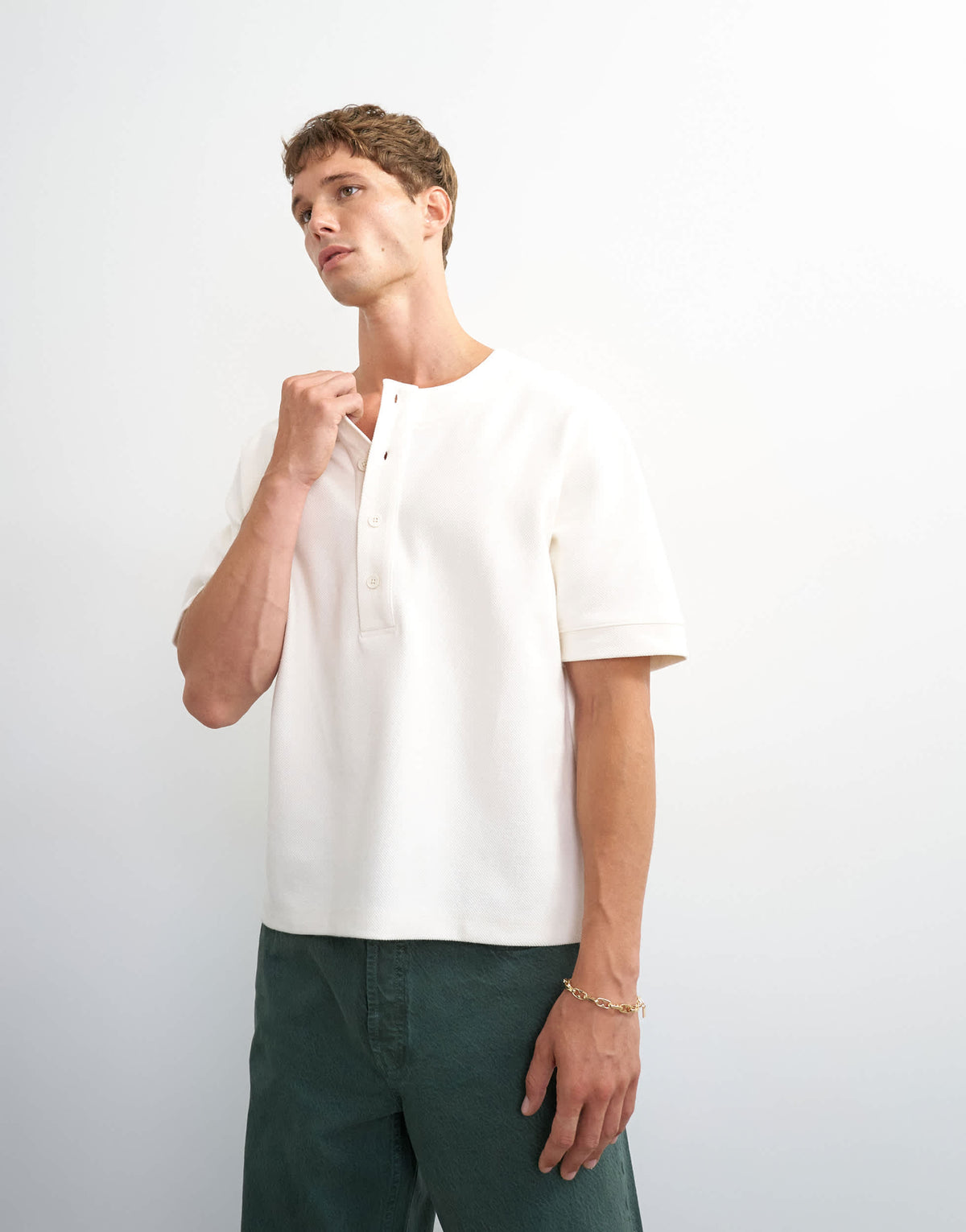 Topman relaxed fit jersey twill baseball henley shirt in ecru