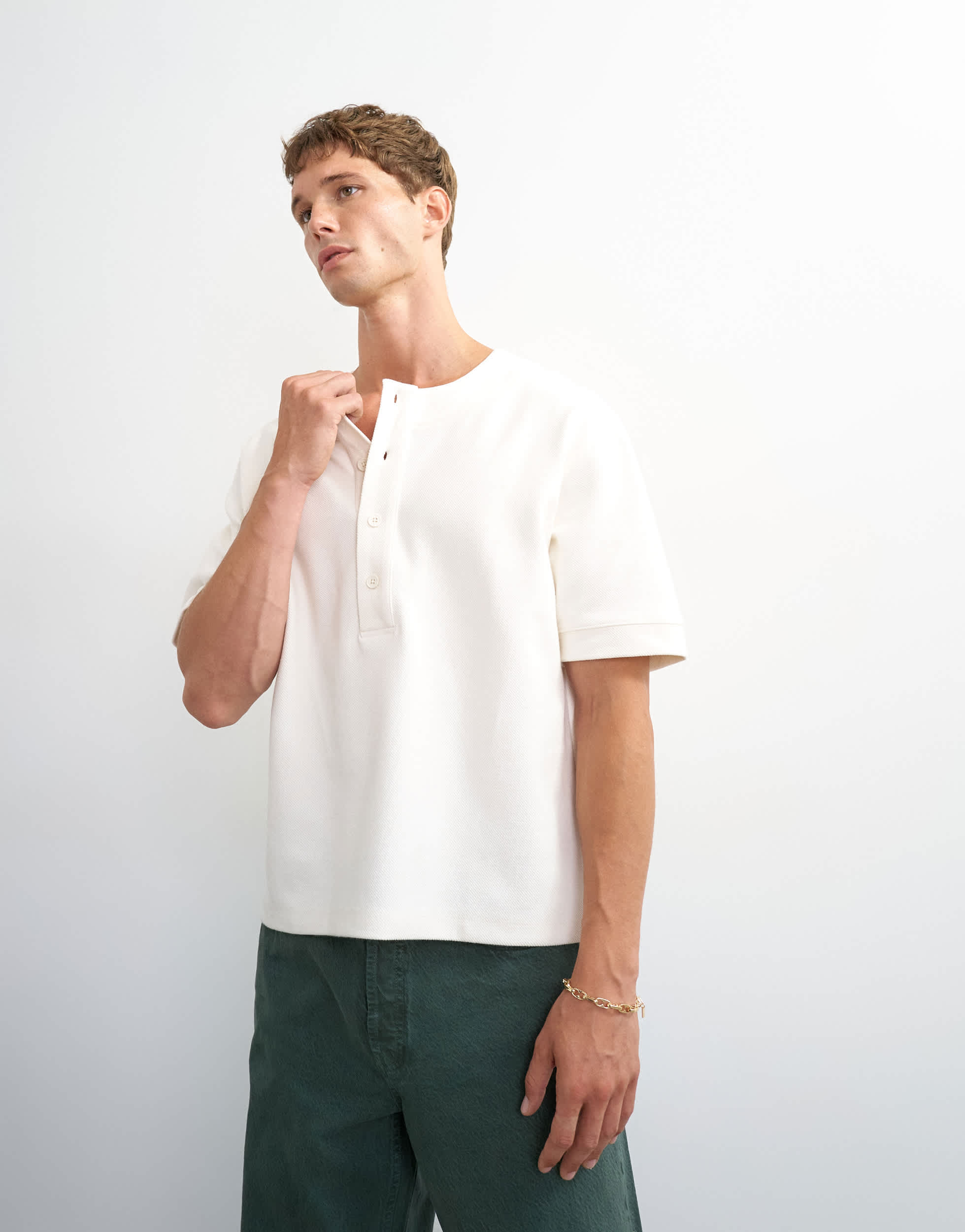 Topman relaxed fit jersey twill baseball henley shirt in ecru
