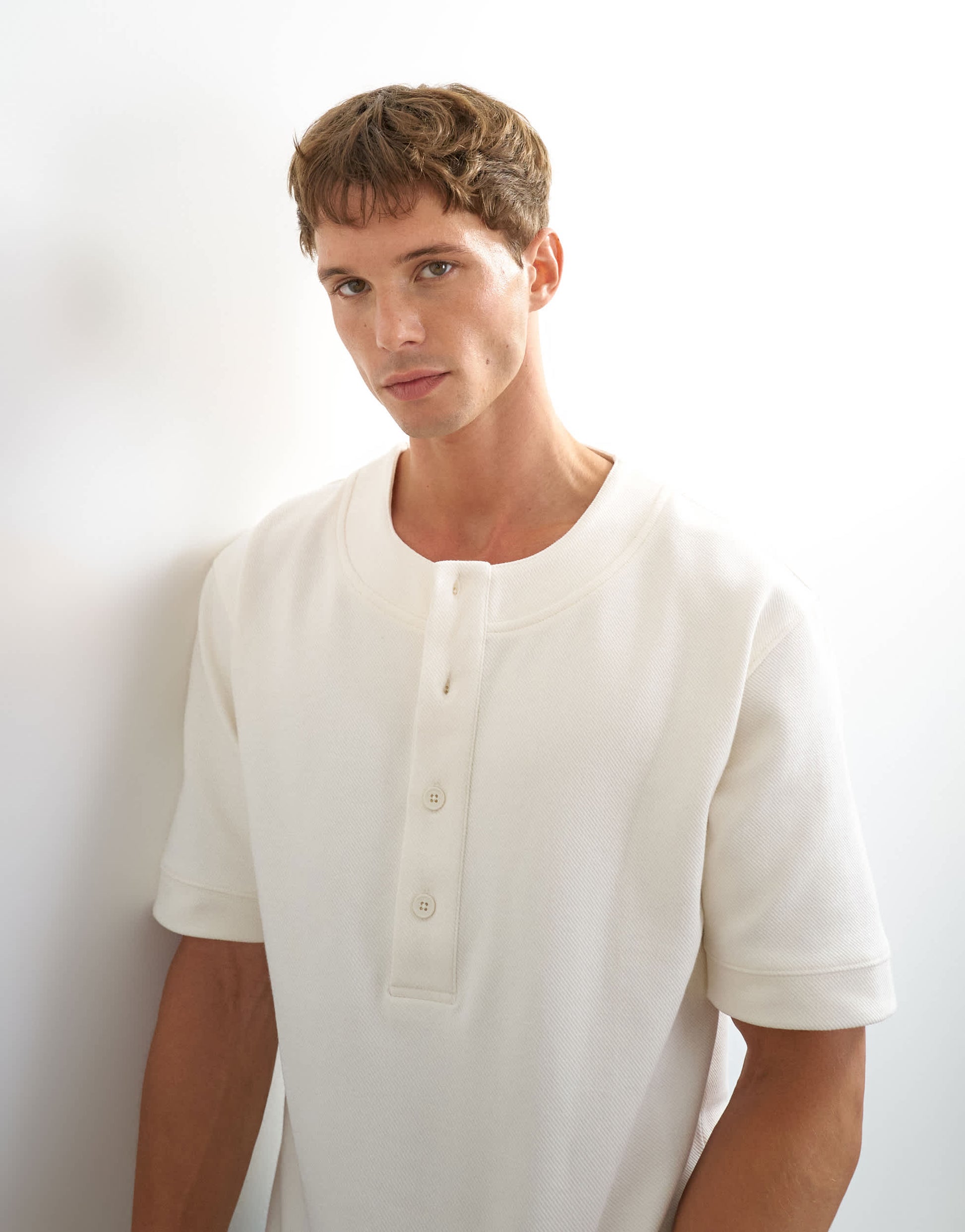 Topman relaxed fit jersey twill baseball henley shirt in ecru