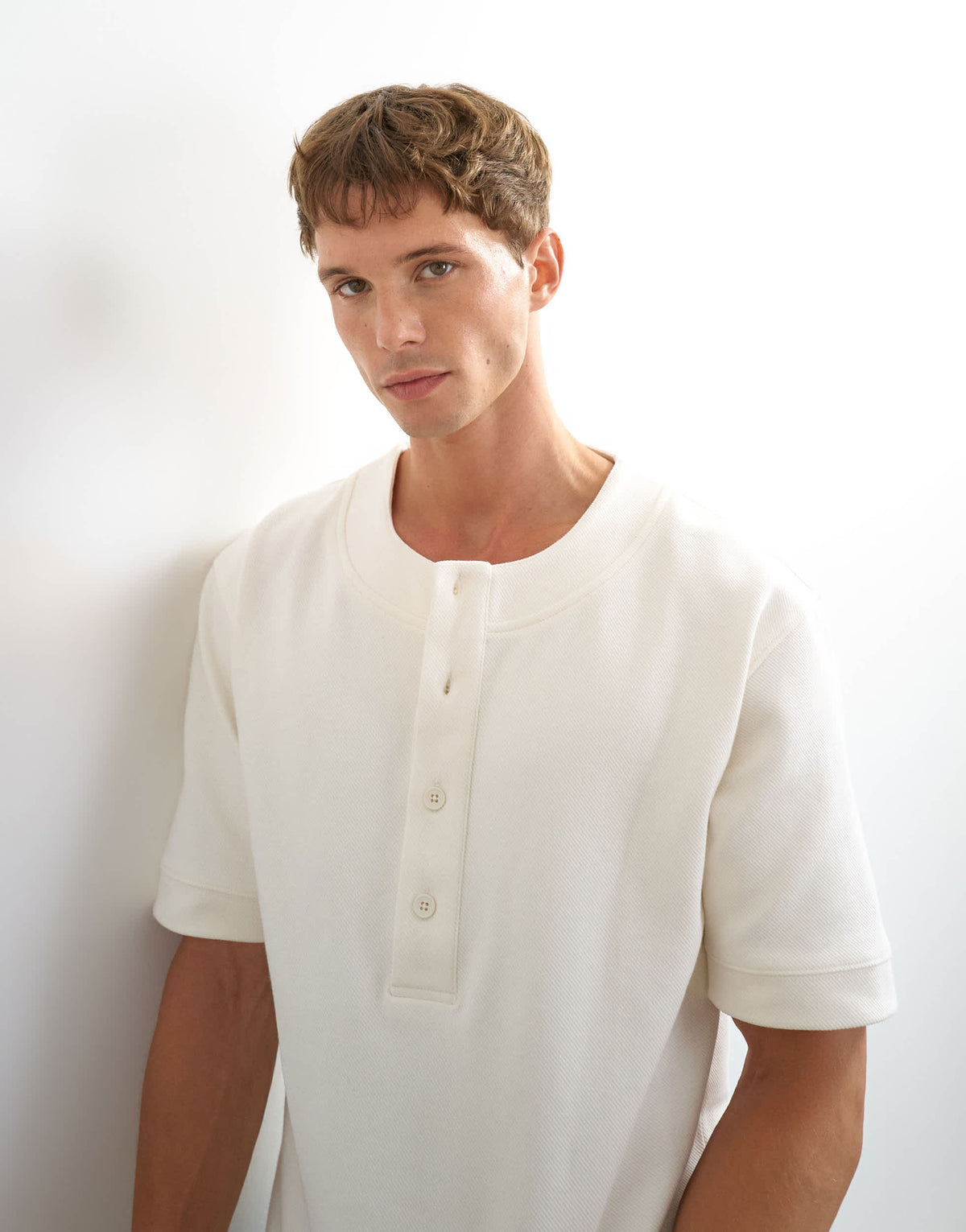Topman relaxed fit jersey twill baseball henley shirt in ecru