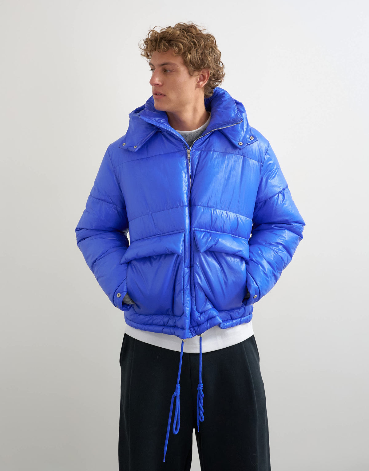 Topman textured puffer with detachable hood in cobalt blue