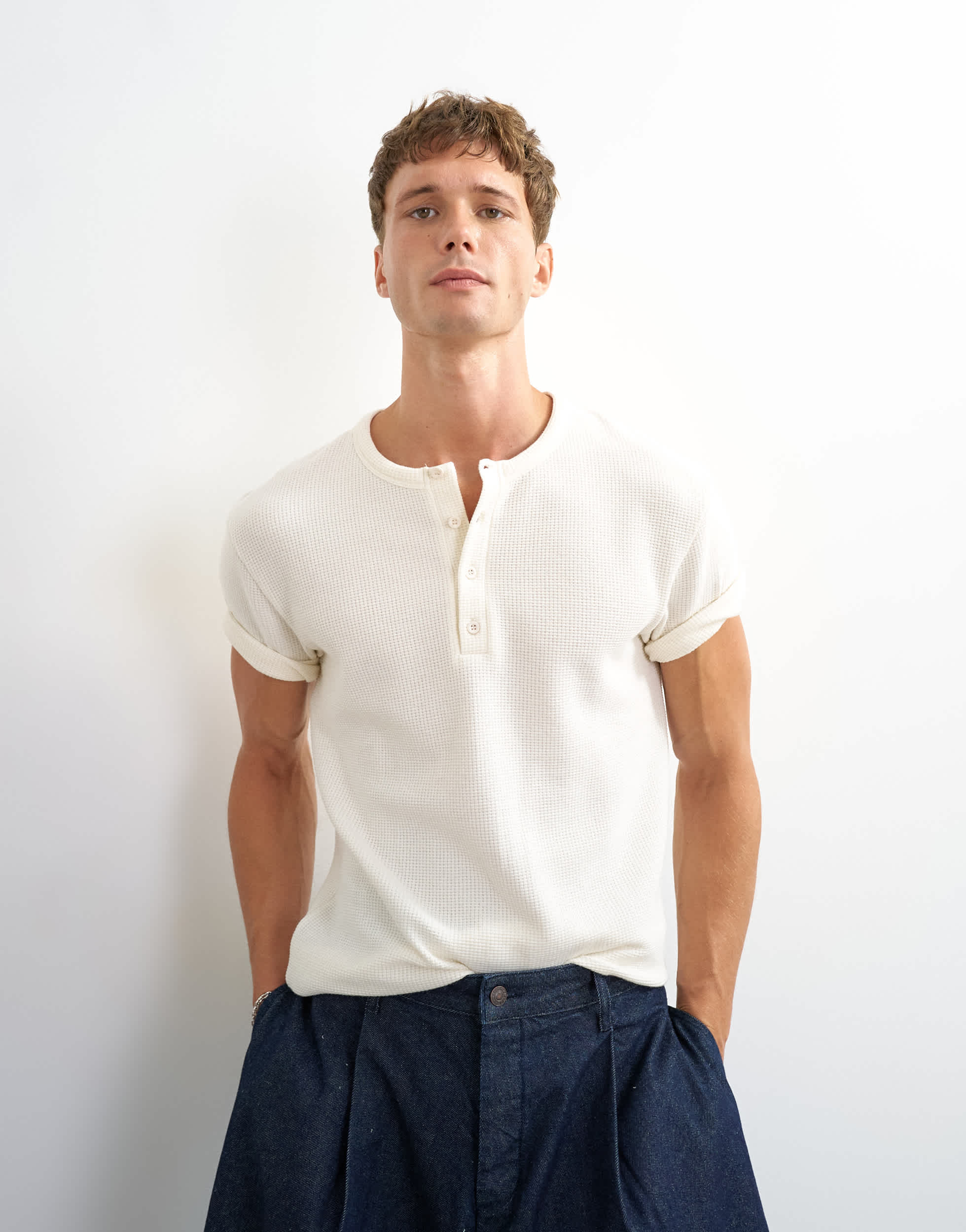 Topman slim fit short sleeve waffle henley in ecru