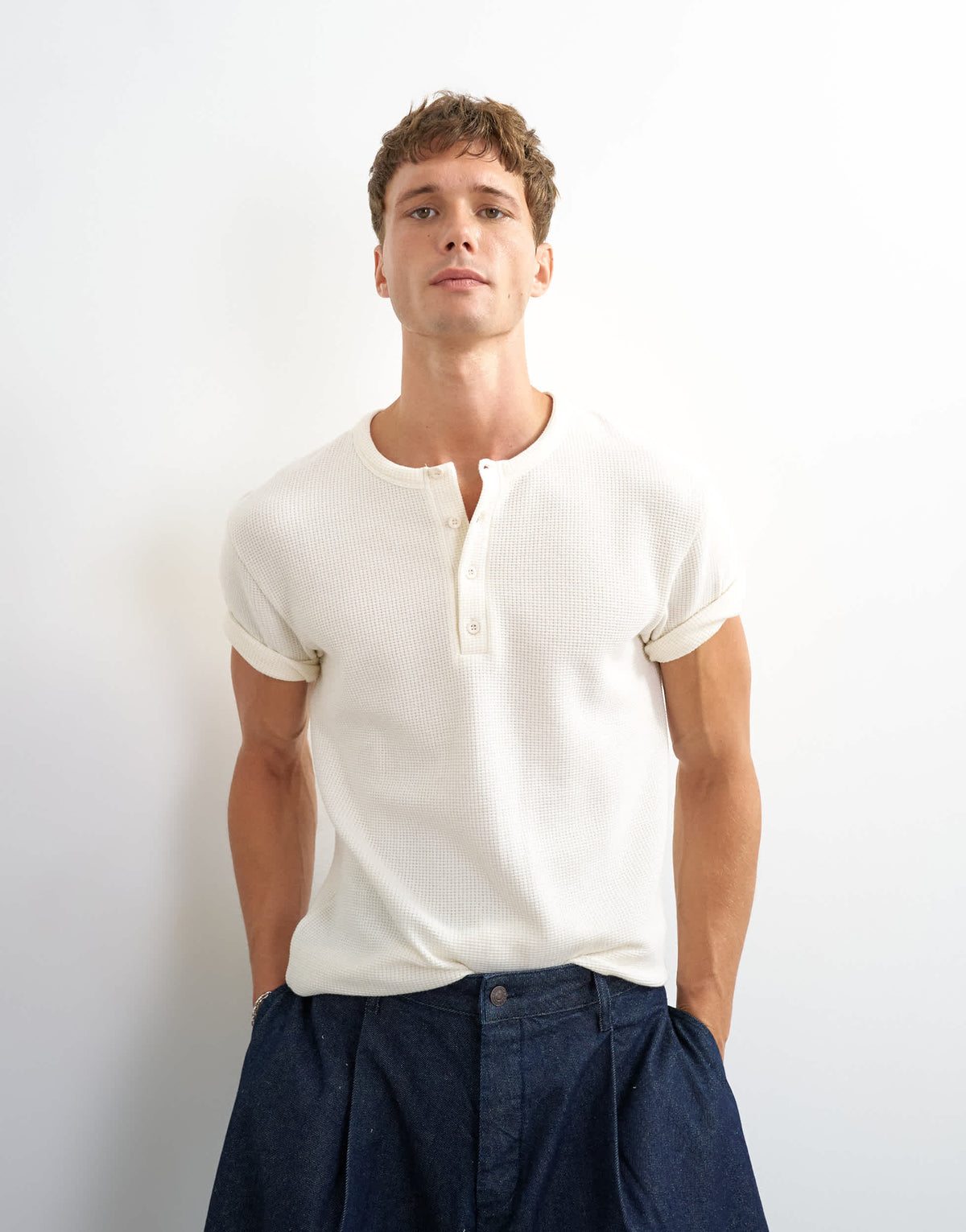 Topman slim fit short sleeve waffle henley in ecru