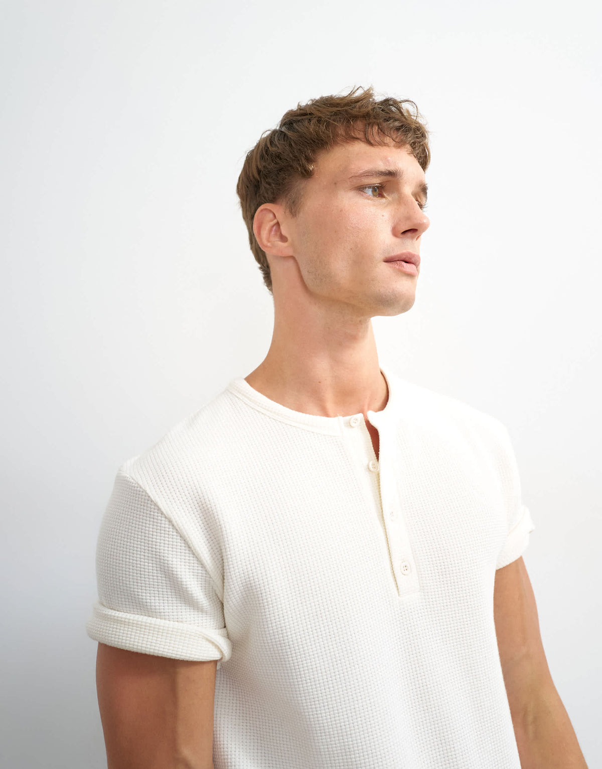 Topman slim fit short sleeve waffle henley in ecru