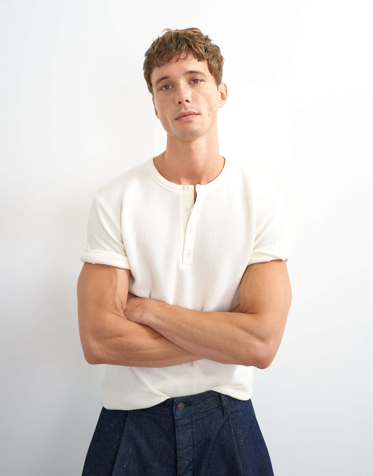 Topman slim fit short sleeve waffle henley in ecru