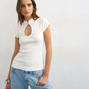 Topshop ribbed key hole top in ecru