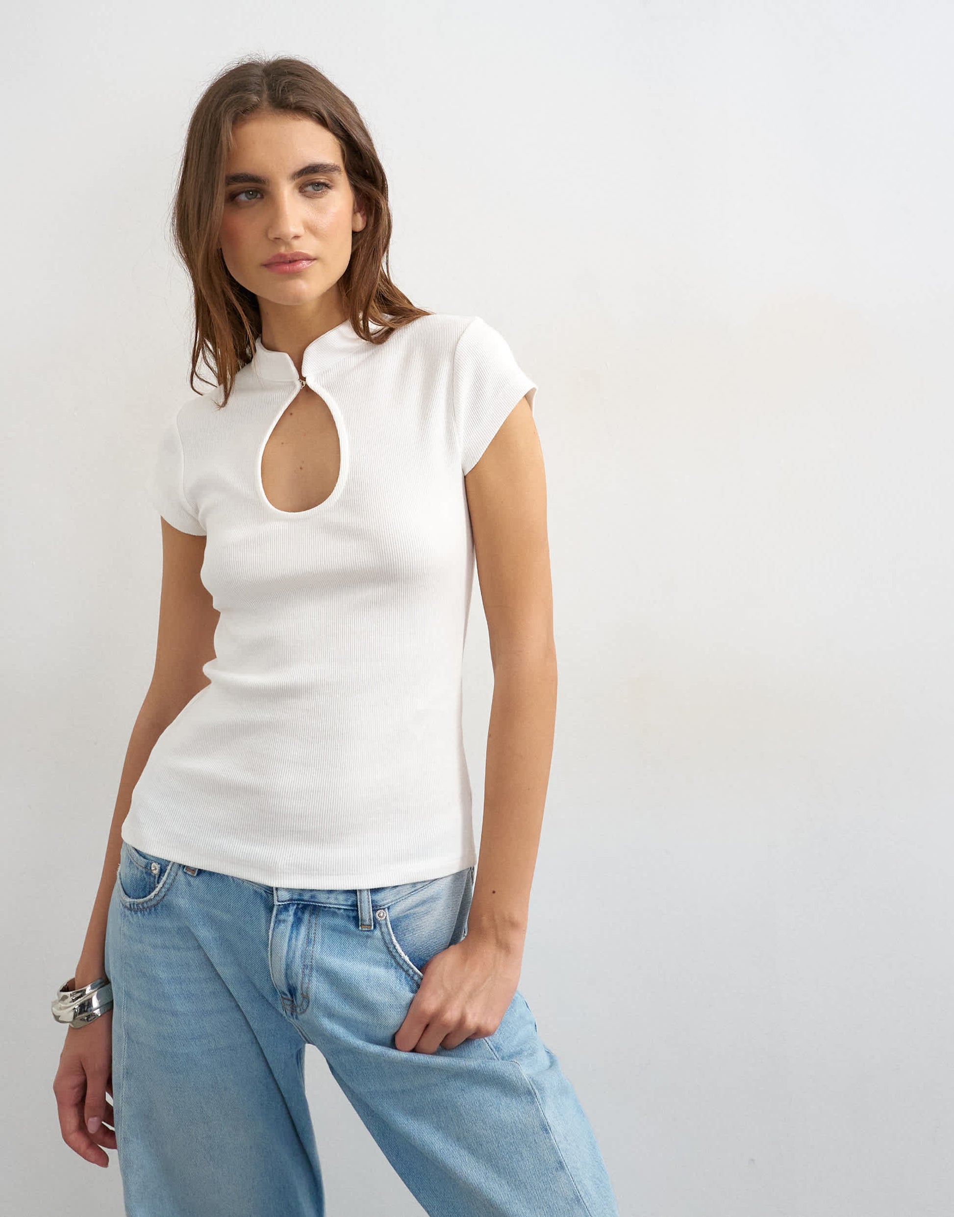 Topshop ribbed key hole top in ecru