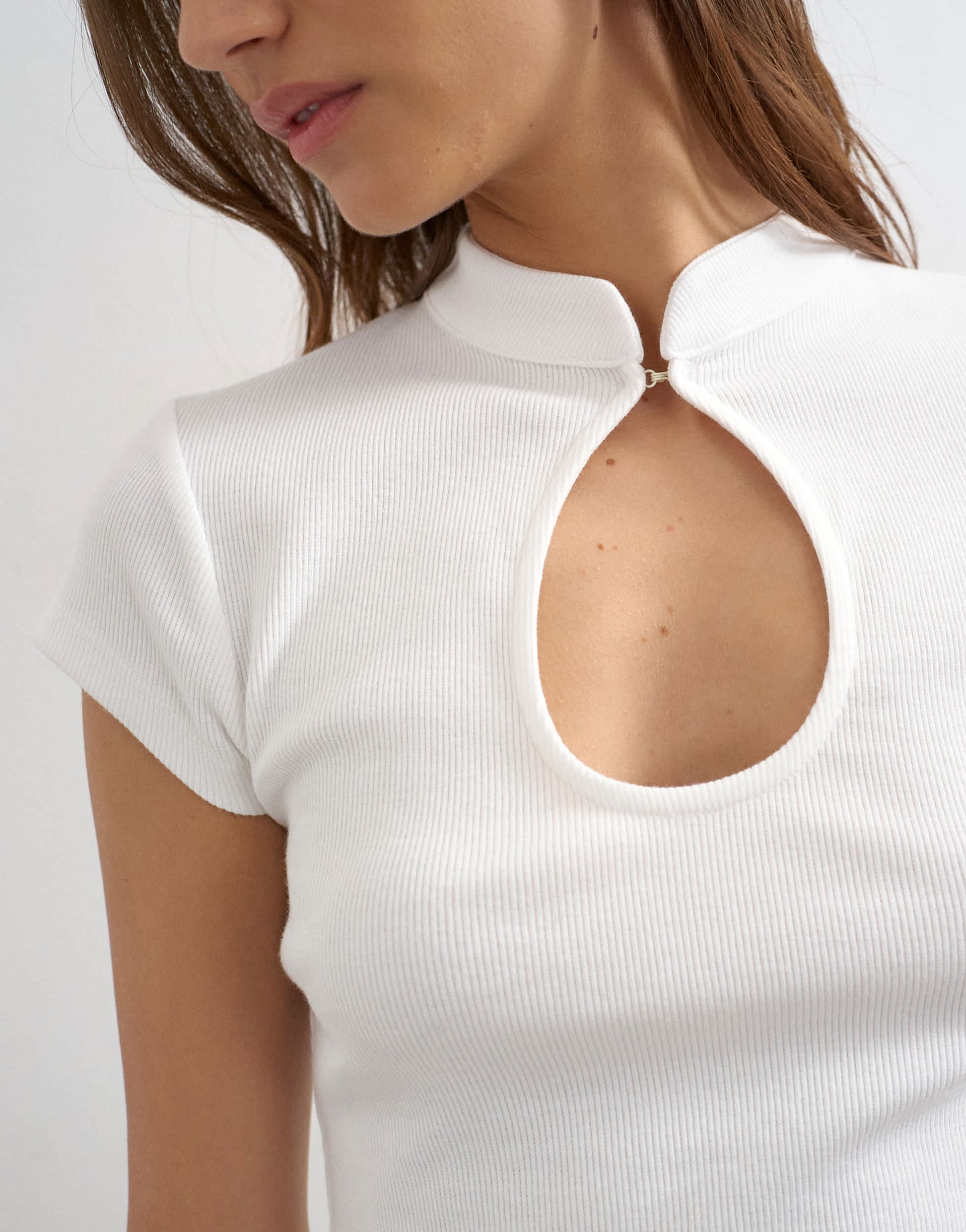 Topshop ribbed key hole top in ecru