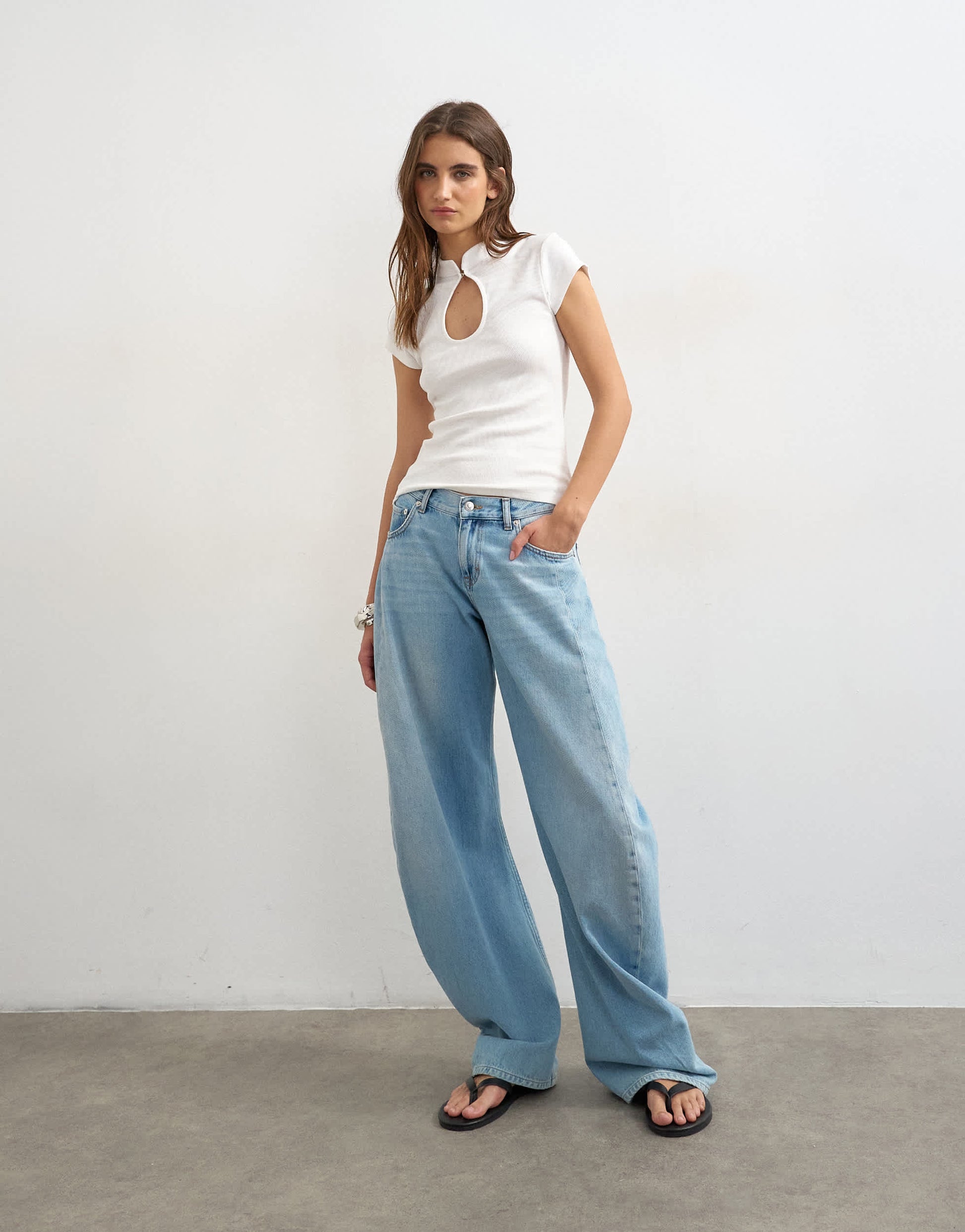Topshop ribbed key hole top in ecru