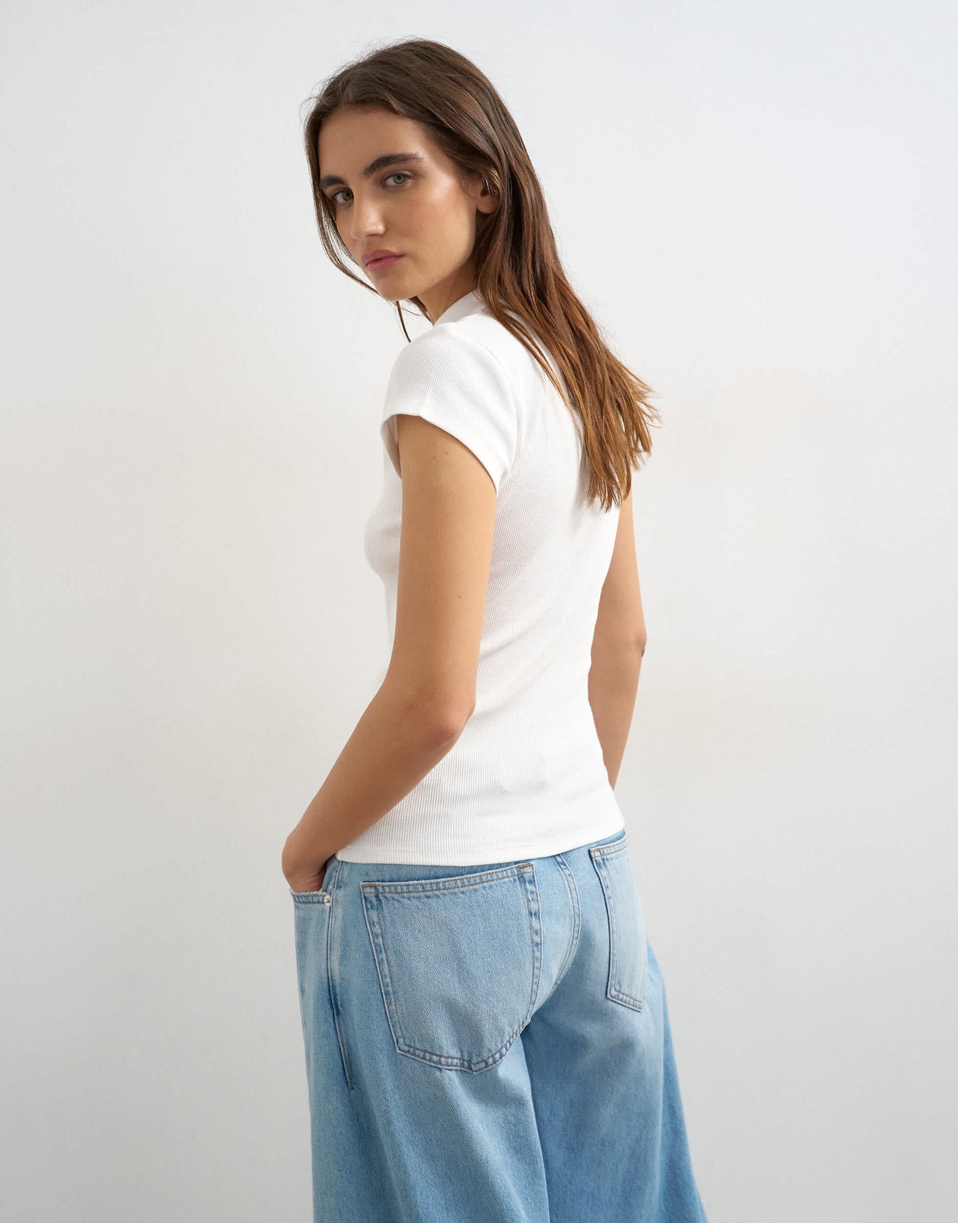 Topshop ribbed key hole top in ecru