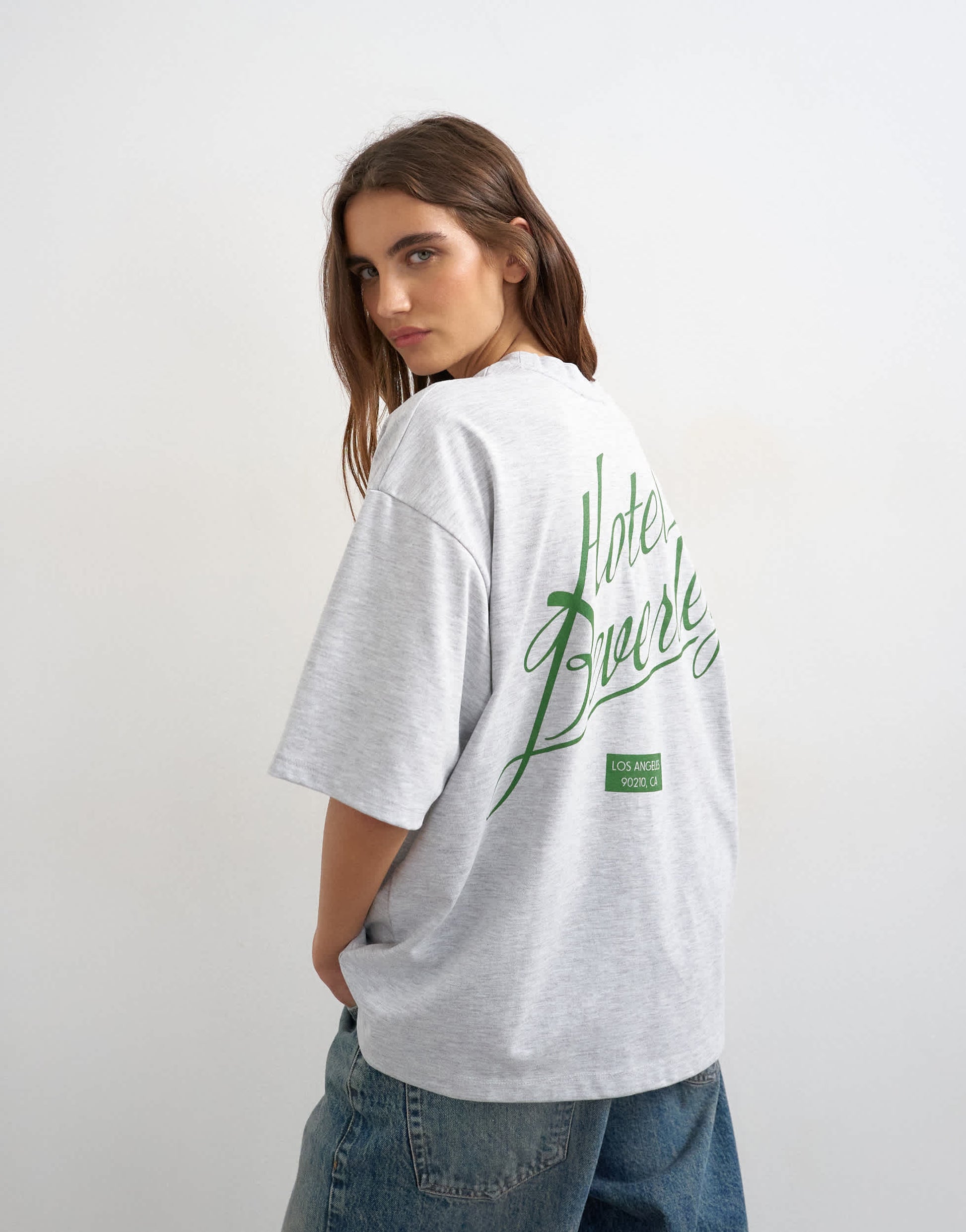 Topshop Hotel Beverley graphic oversized tee in grey