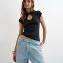 Topshop ribbed key hole top in black
