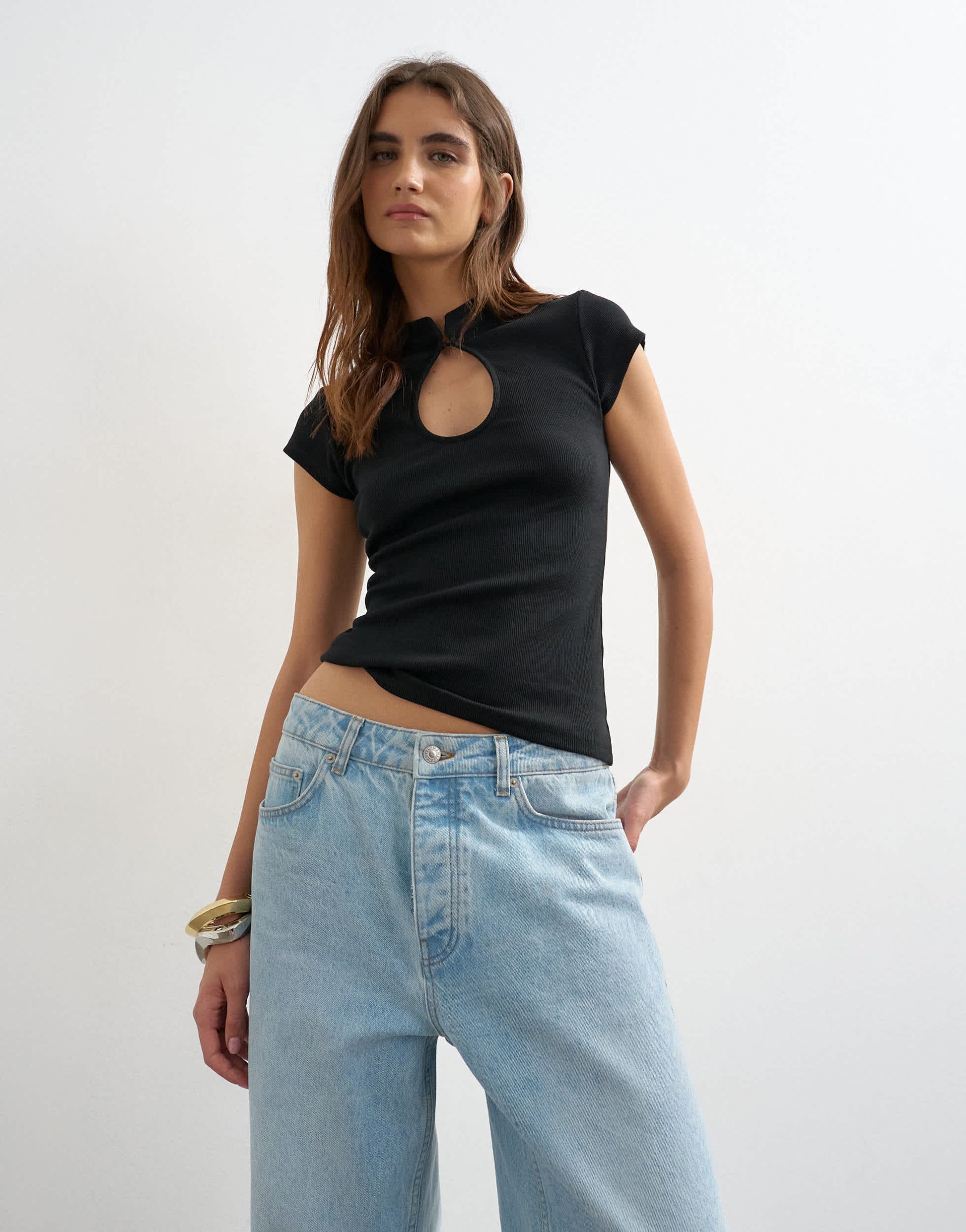 Topshop ribbed key hole top in black