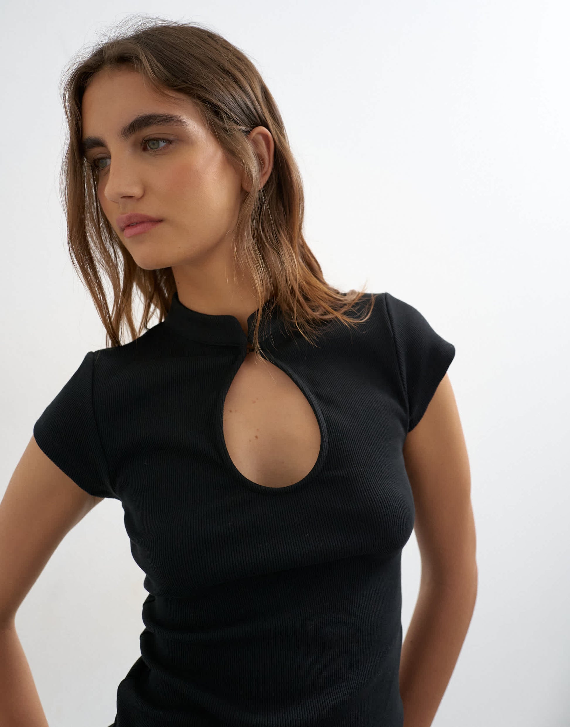 Topshop ribbed key hole top in black