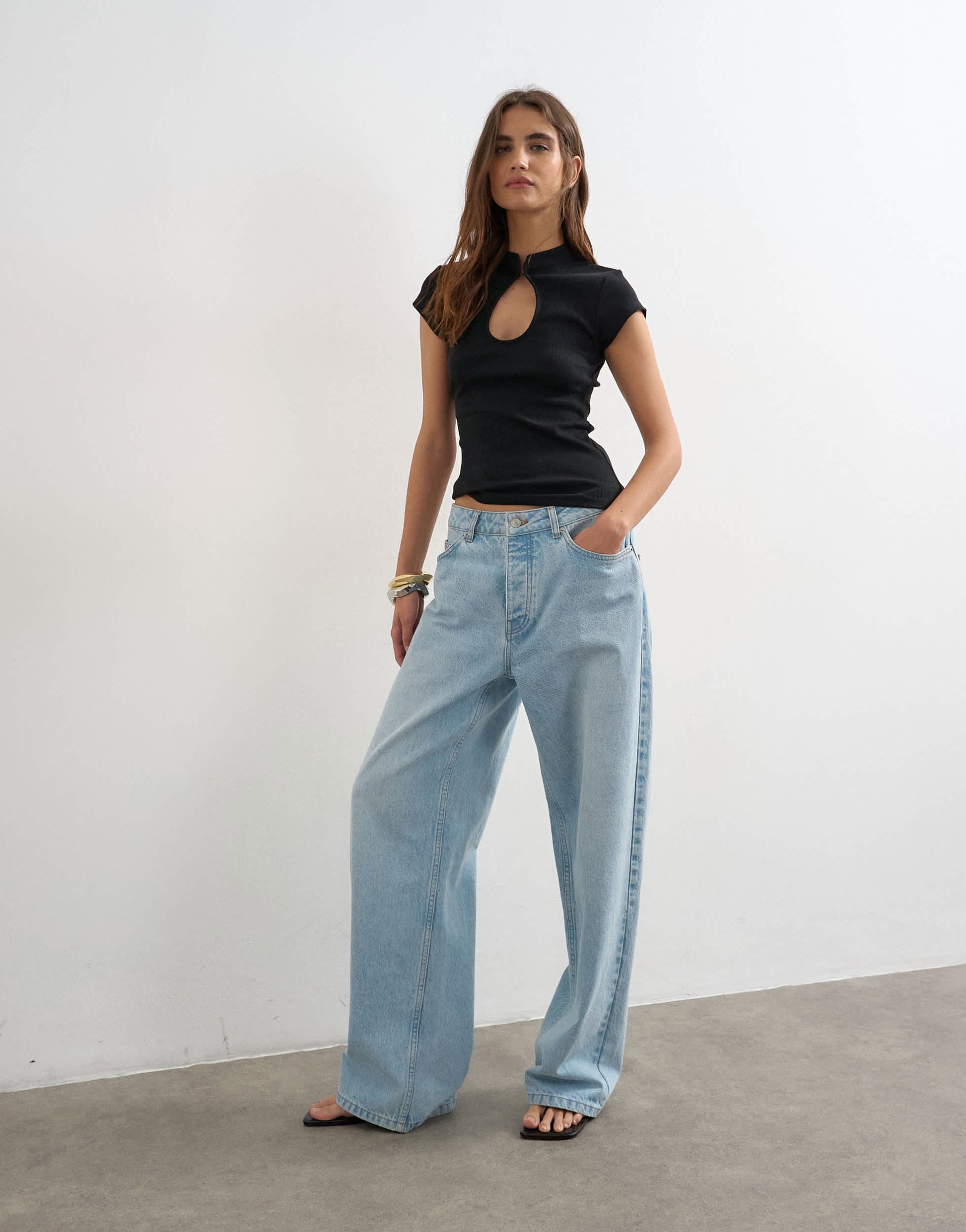 Topshop ribbed key hole top in black