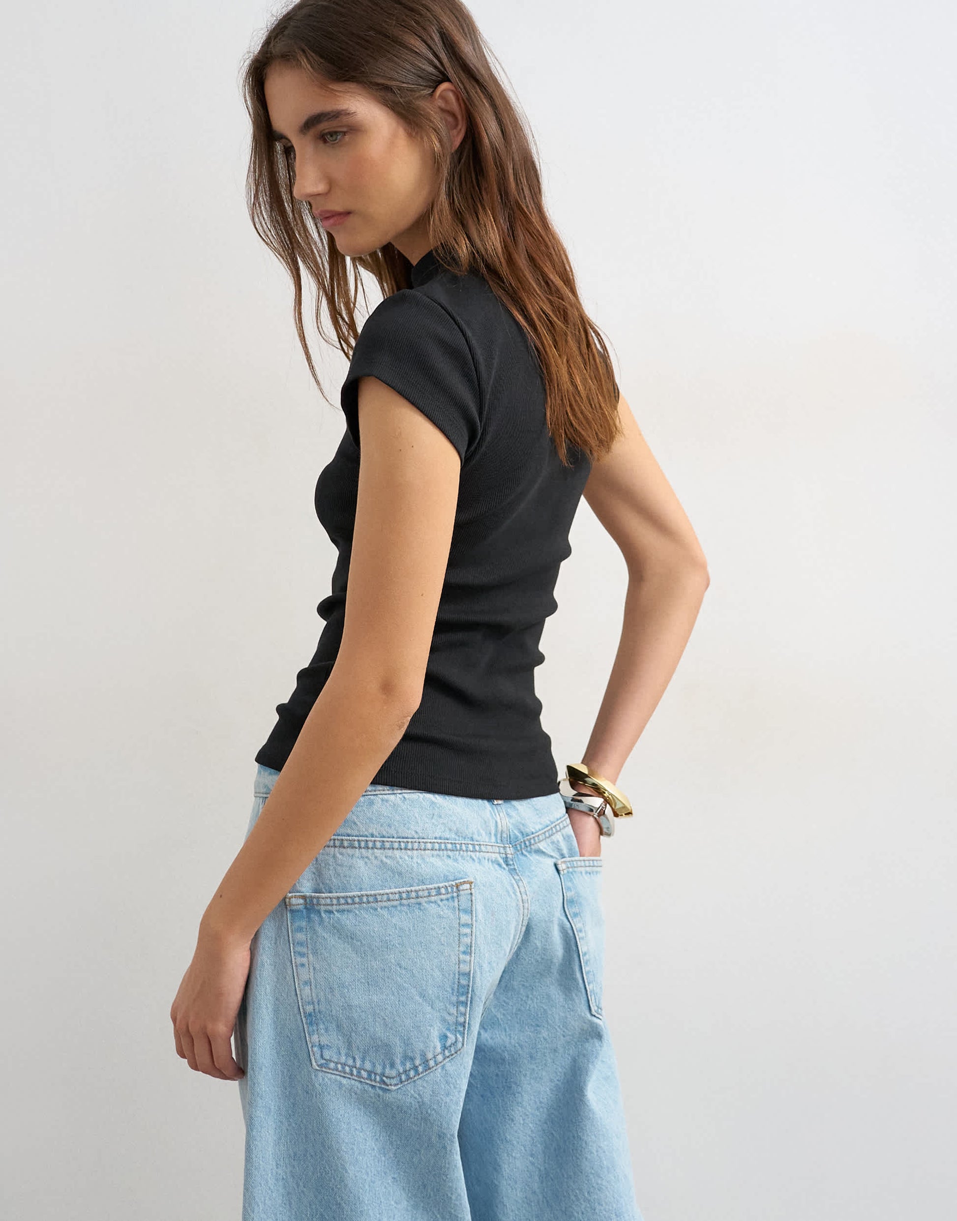Topshop ribbed key hole top in black