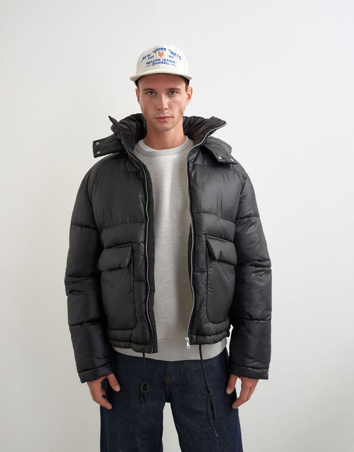Topman textured puffer with detachable hood in black