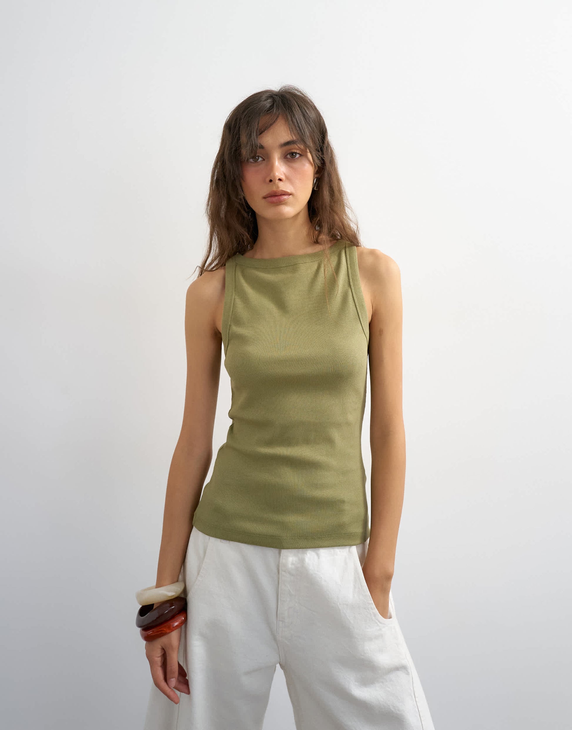 Topshop slash neck racer vest in khaki