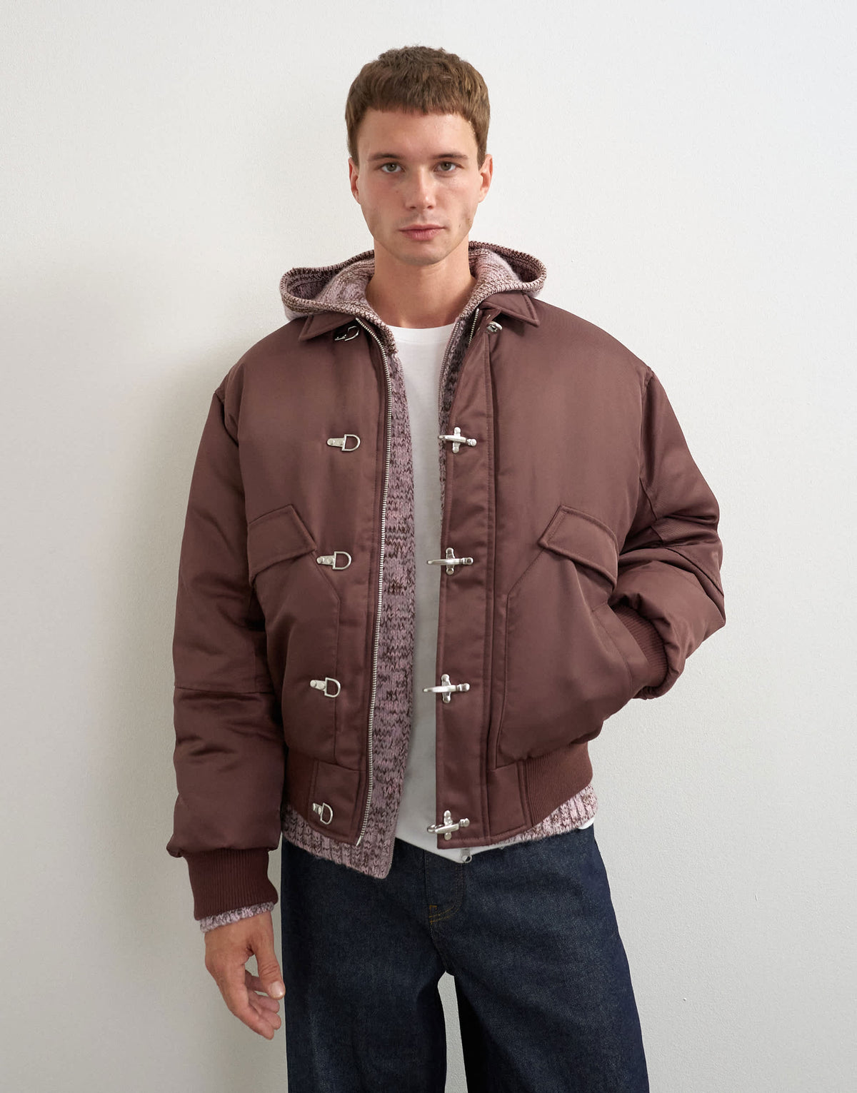 Topman fireman clasp padded bomber jacket in burgundy