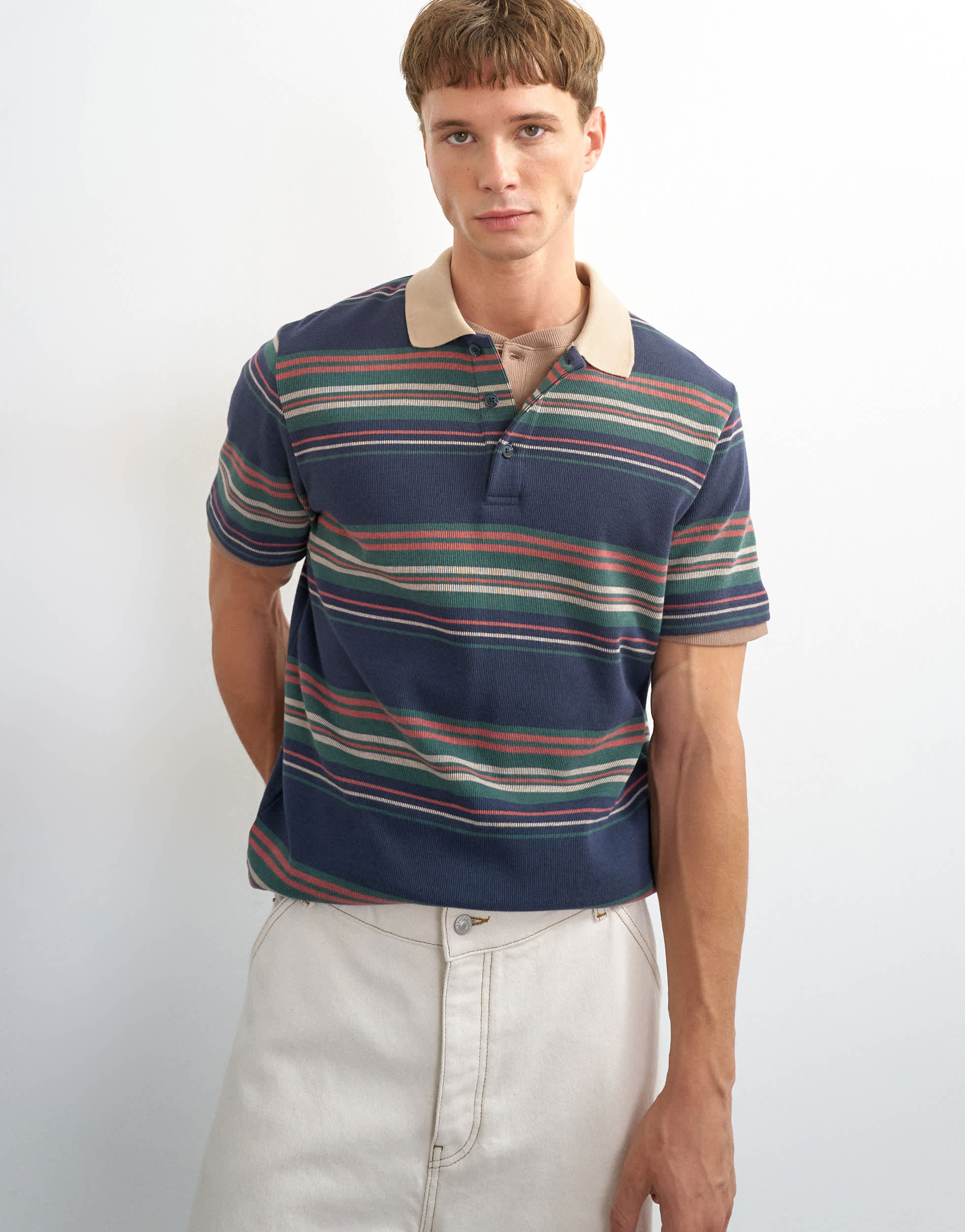 Topman classic fit jersey stripe polo in navy