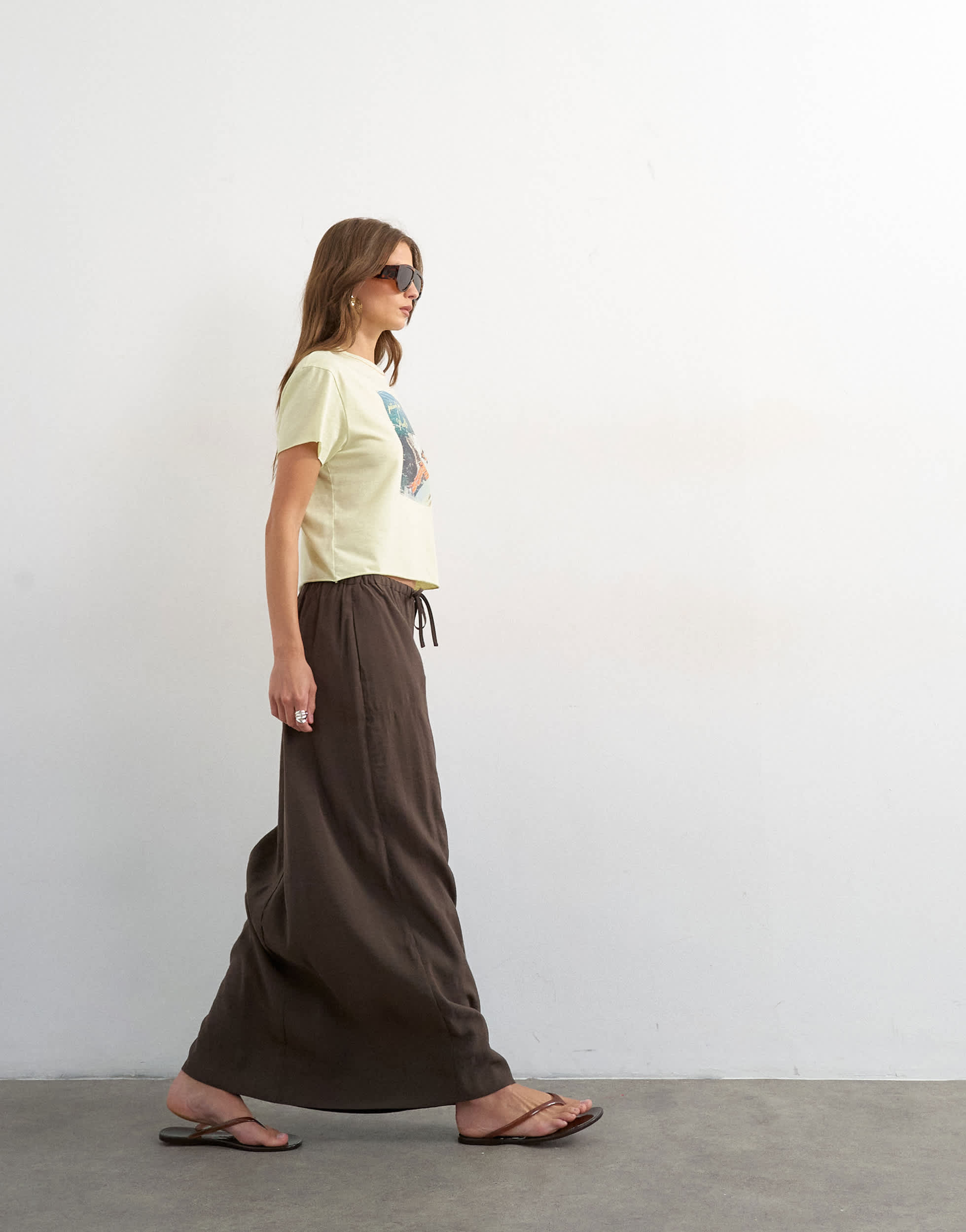 Topshop tie waist slouchy slim maxi skirt in chocolate