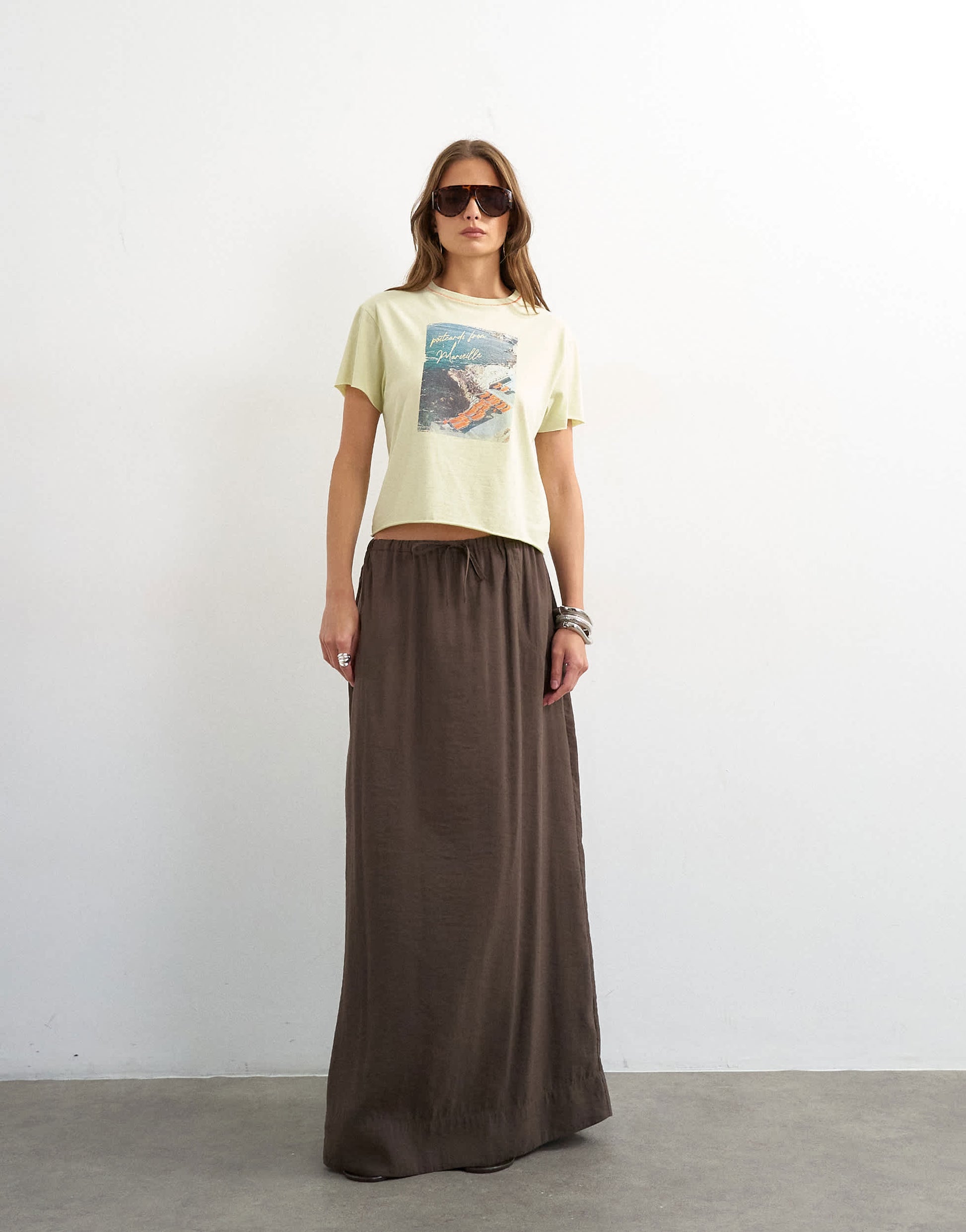 Topshop tie waist slouchy slim maxi skirt in chocolate
