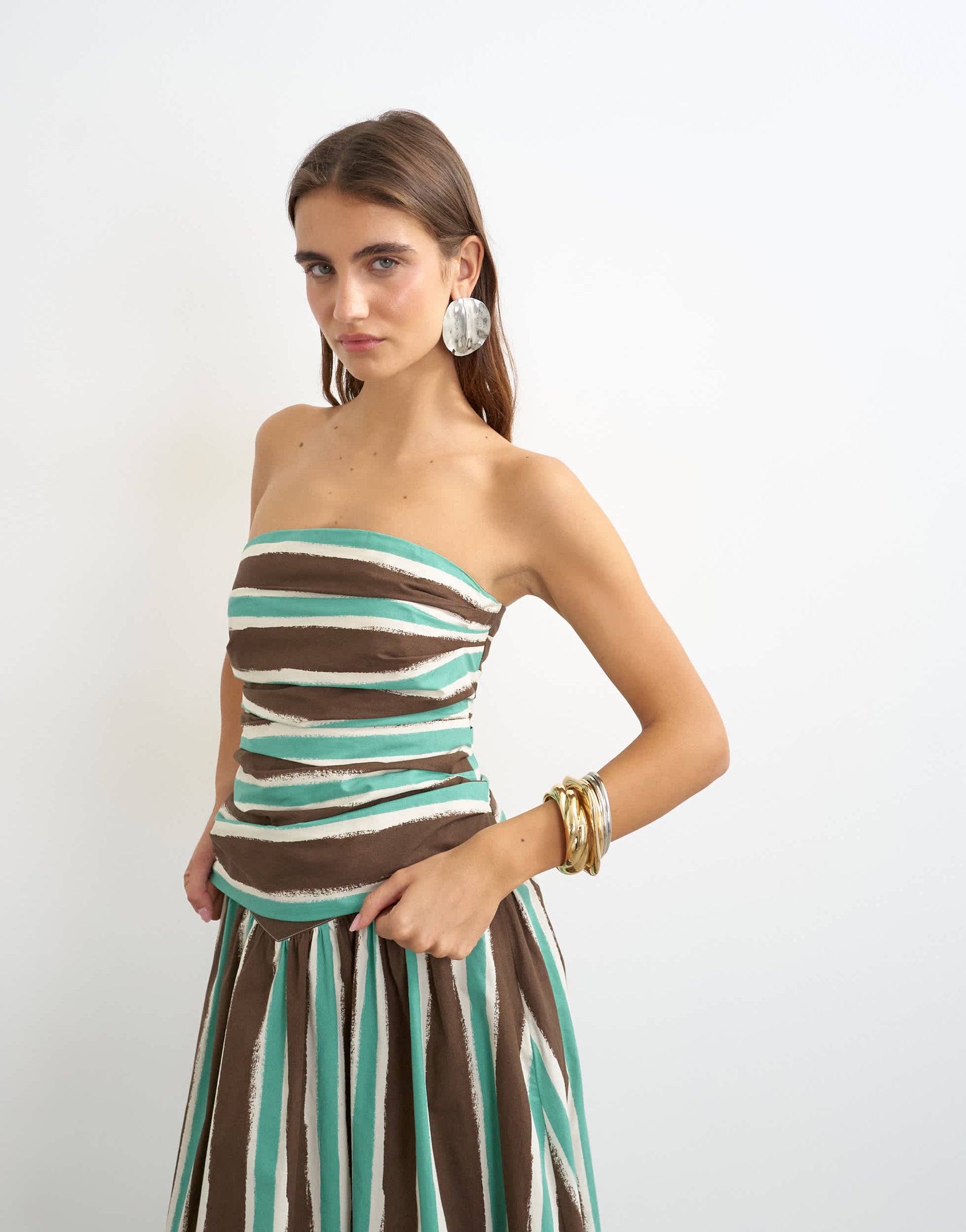 Topshop co-ord gathered bandeau top in brown stripe