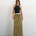 Topshop tie waist slouchy slim maxi skirt in olive
