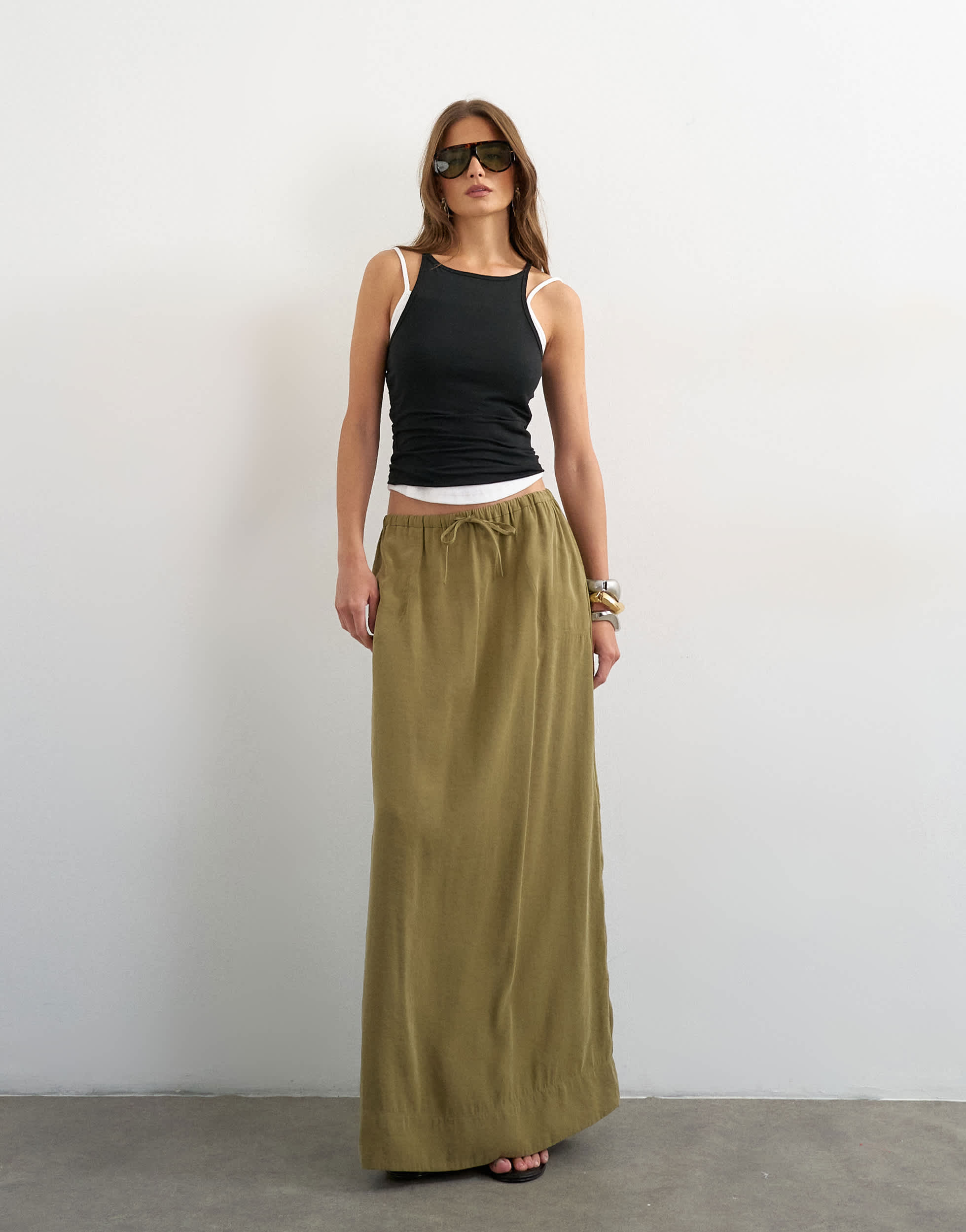 Topshop tie waist slouchy slim maxi skirt in olive