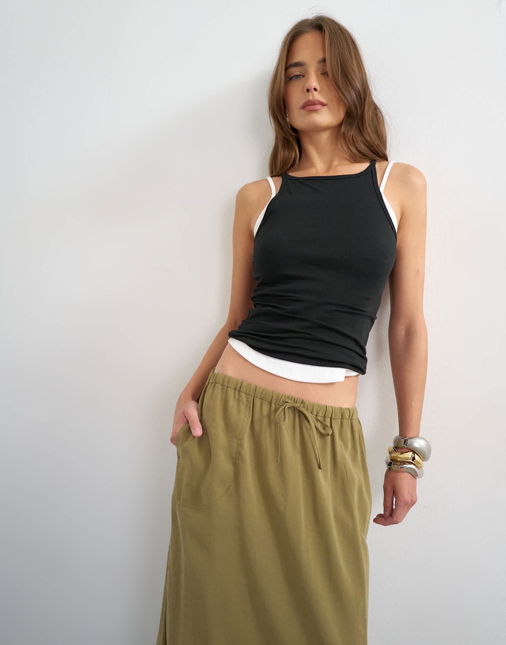 Topshop tie waist slouchy slim maxi skirt in olive