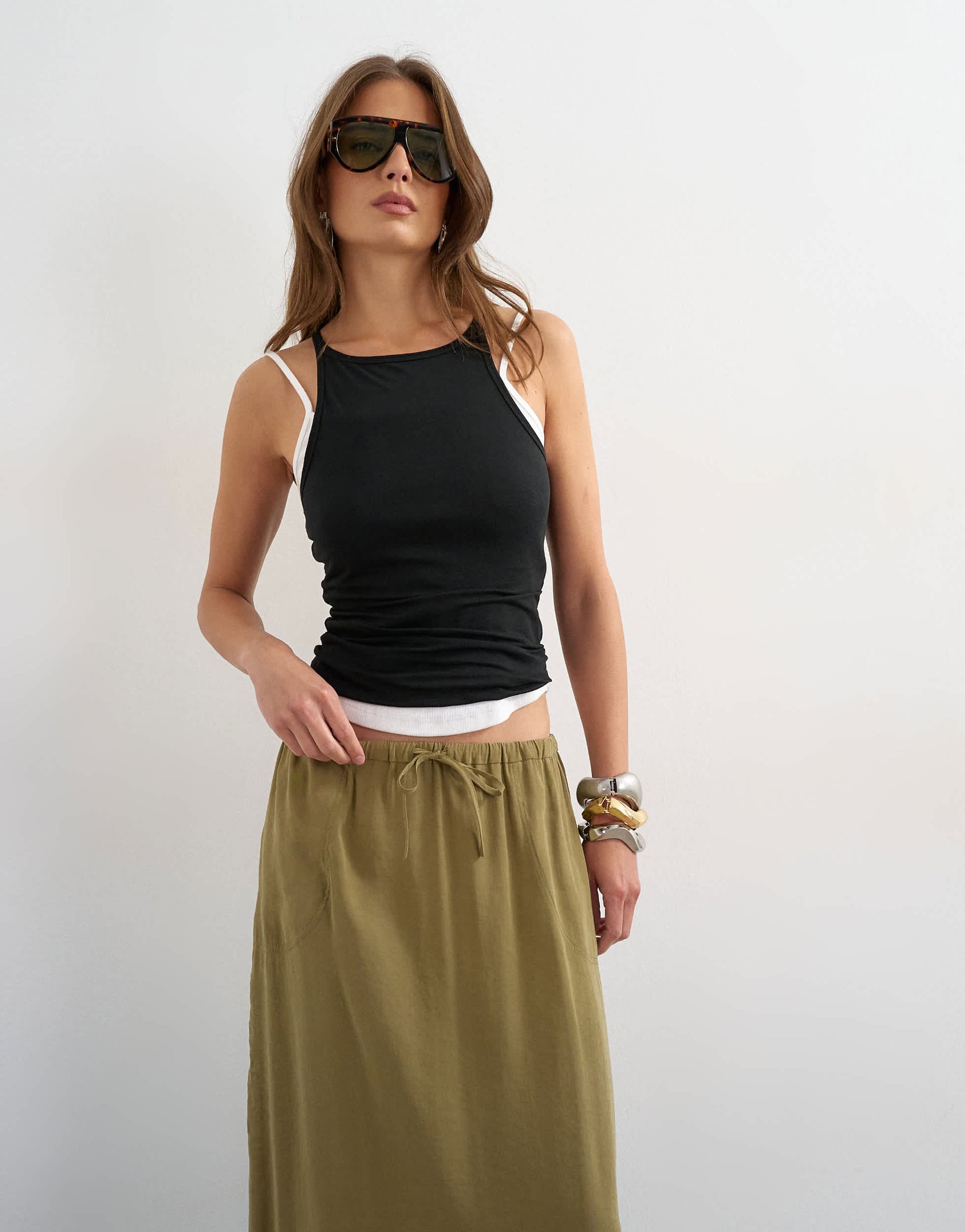 Topshop tie waist slouchy slim maxi skirt in olive