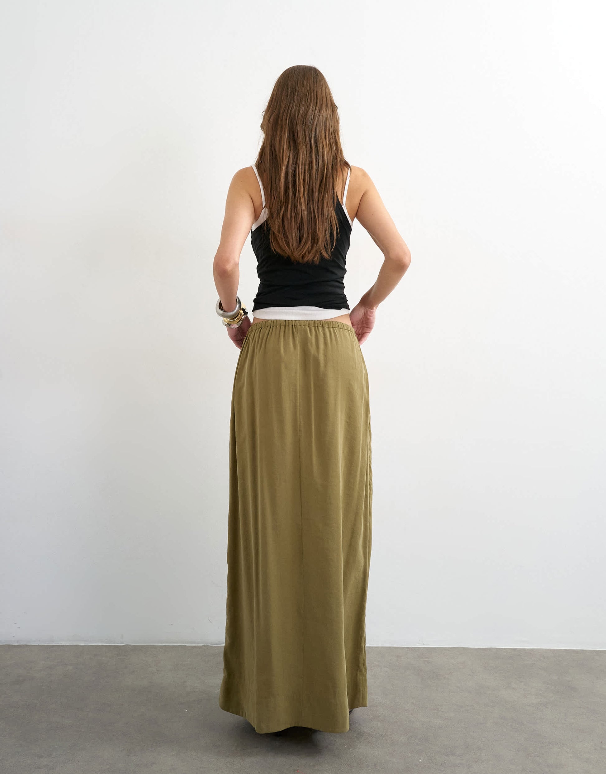 Topshop tie waist slouchy slim maxi skirt in olive