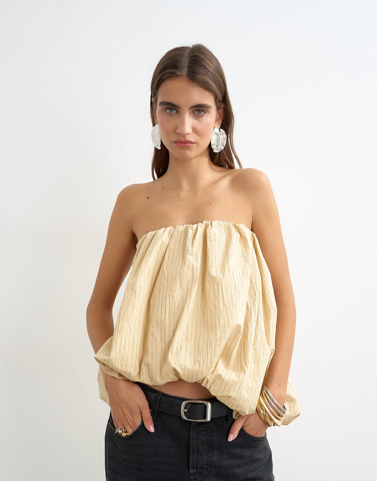 Topshop high low bubble hem bandeau in taupe stripe