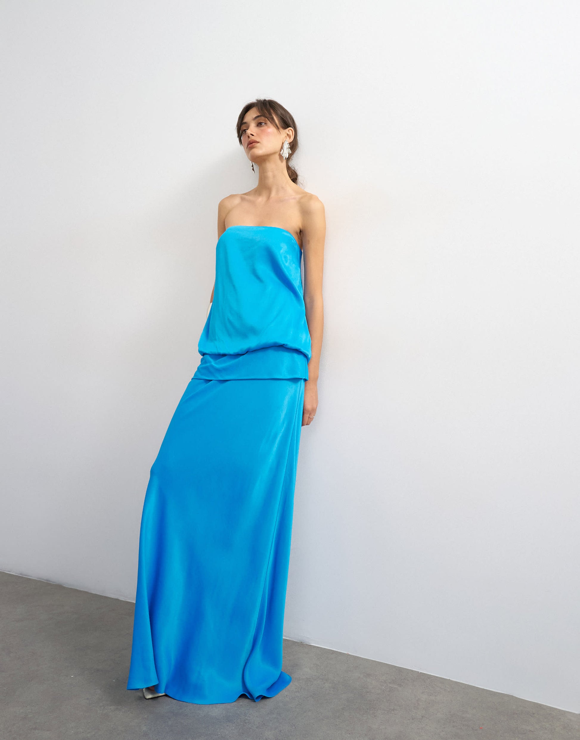 Topshop satin dropped waist blouson bandeau maxi dress in blue