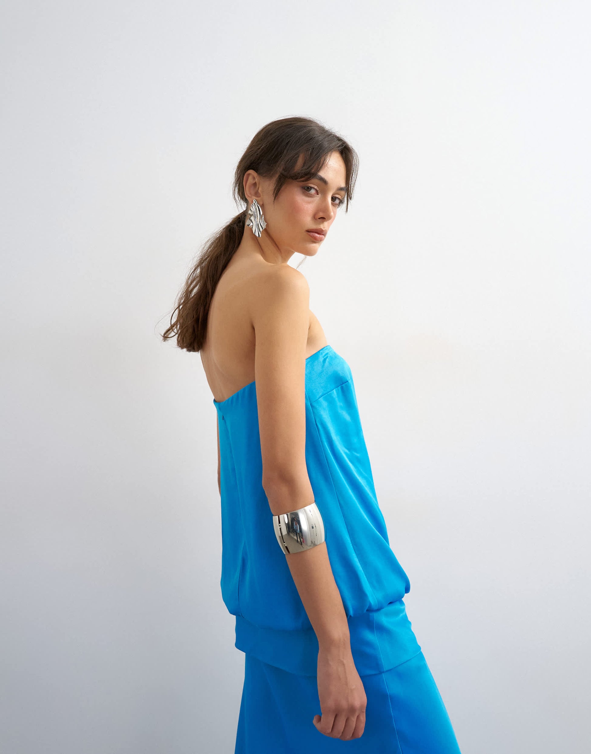 Topshop satin dropped waist blouson bandeau maxi dress in blue