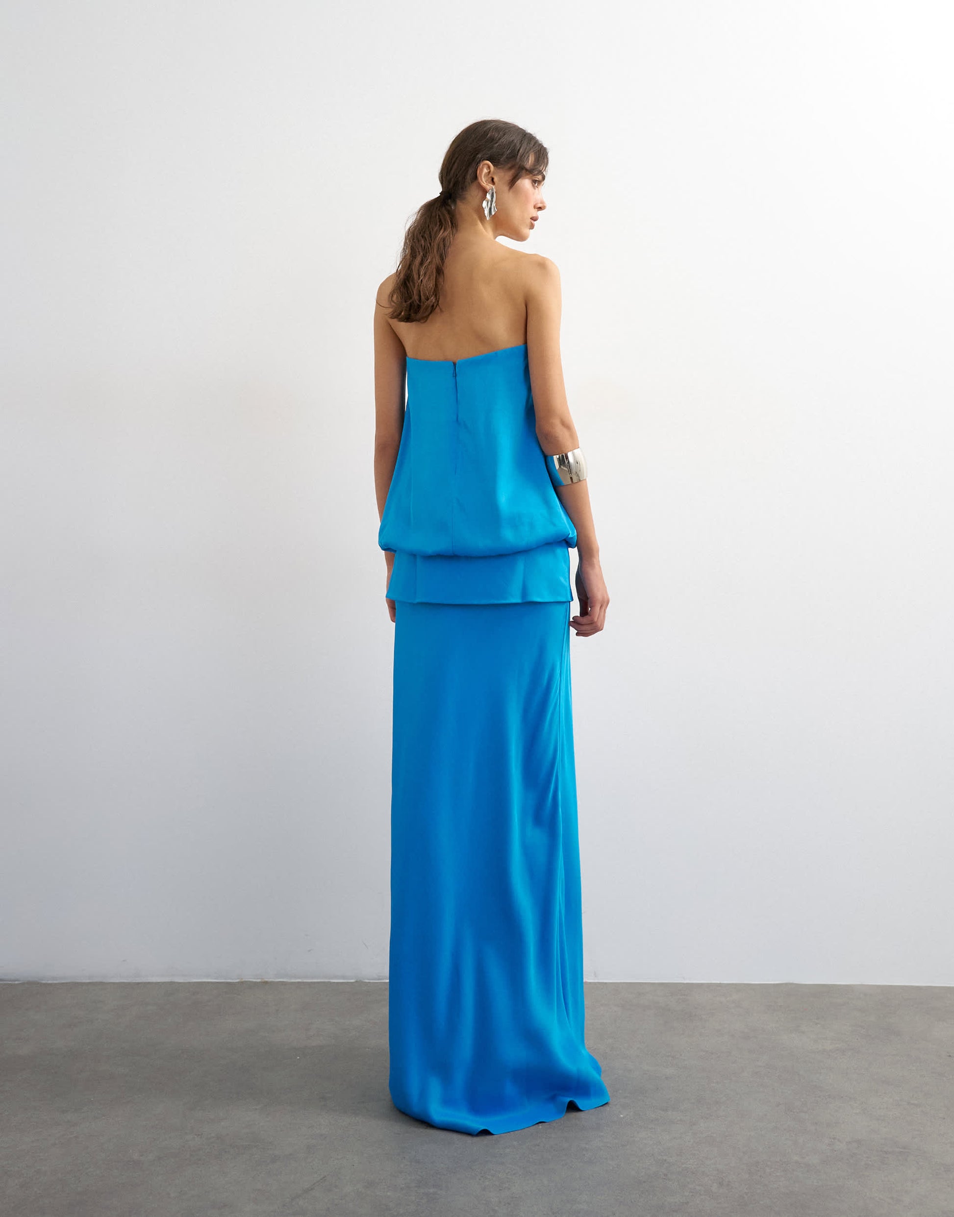 Topshop satin dropped waist blouson bandeau maxi dress in blue