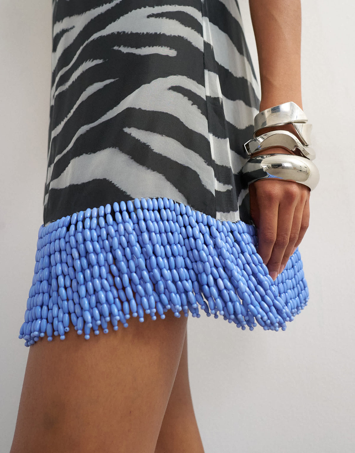 Topshop premium sheer low back mini dress with contrast blue embellished hem in mono zebra