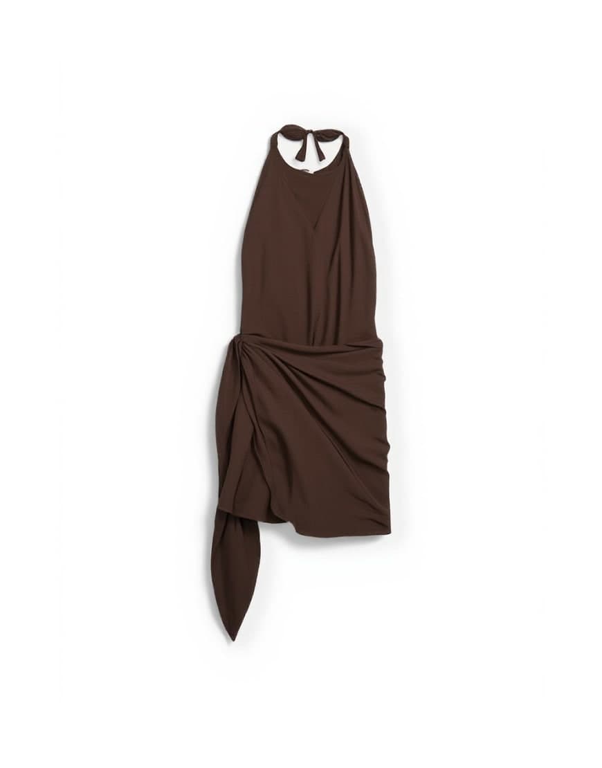 Topshop linen rich halter neck wrap mini dress in chocolate