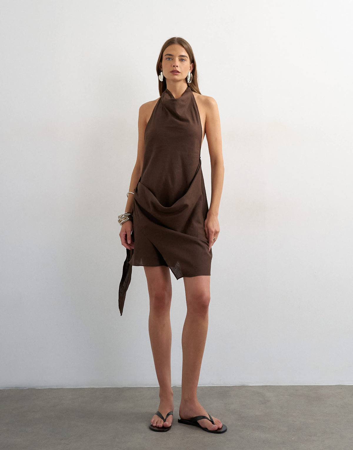 Topshop linen rich halter neck wrap mini dress in chocolate