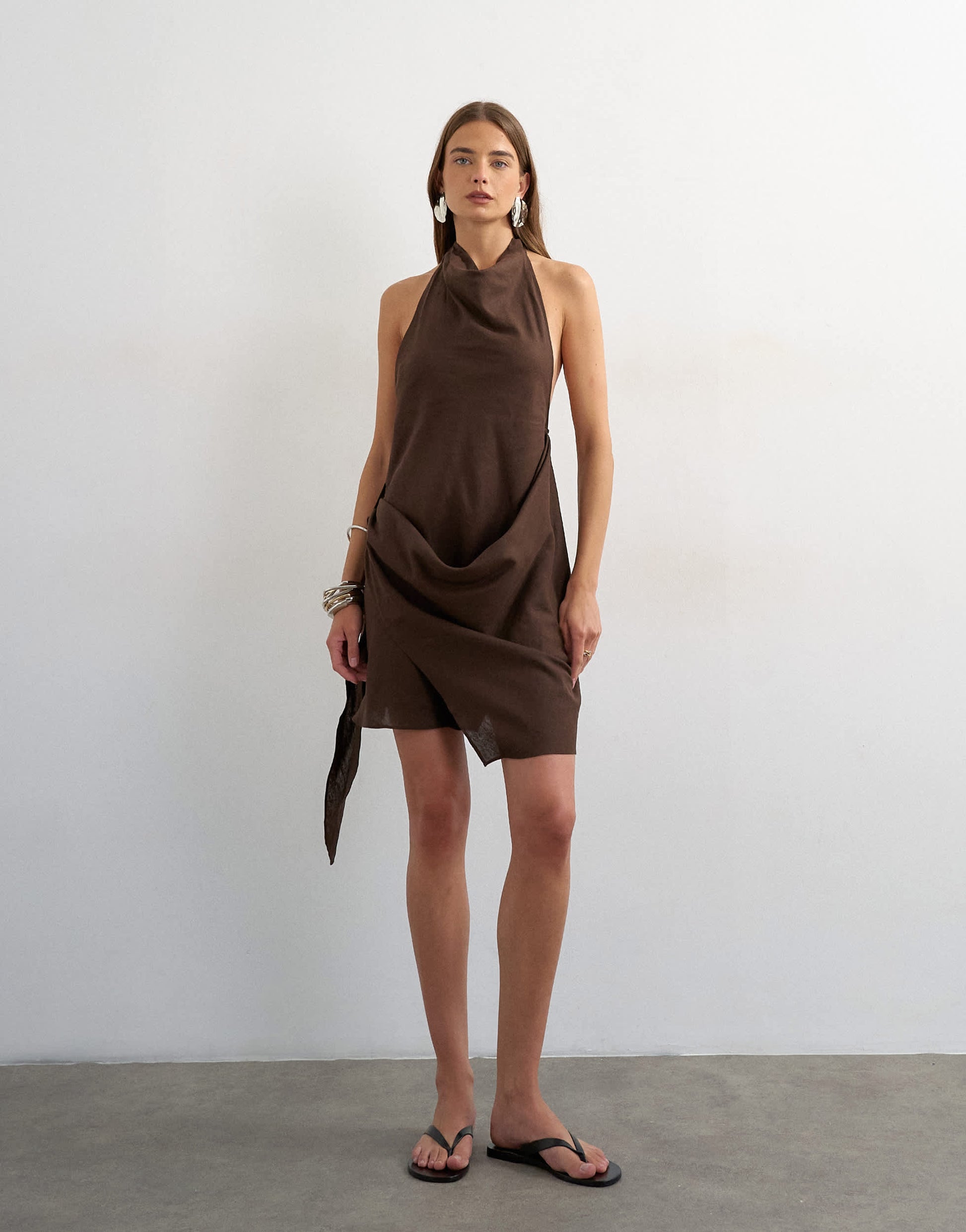 Topshop linen rich halter neck wrap mini dress in chocolate