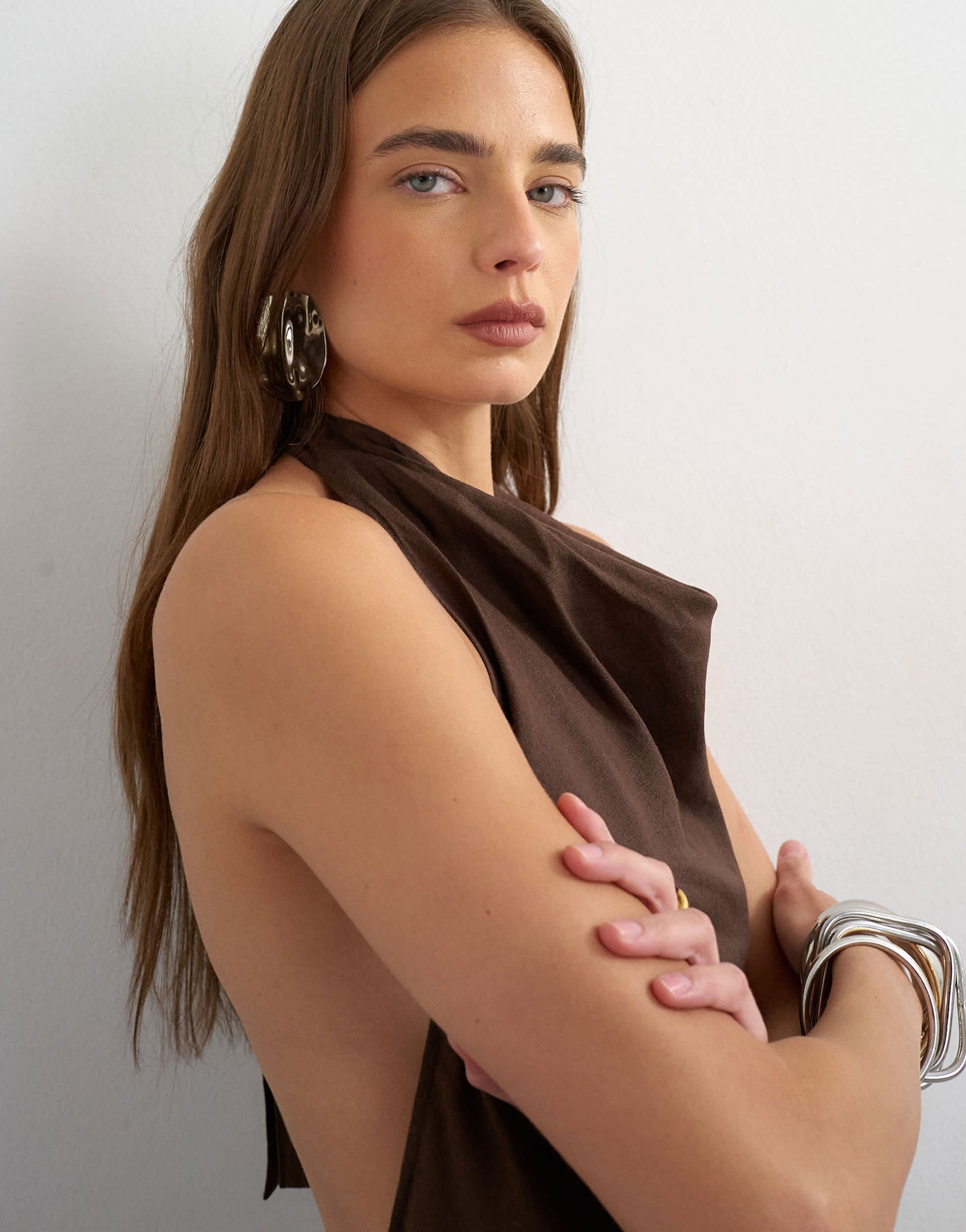 Topshop linen rich halter neck wrap mini dress in chocolate