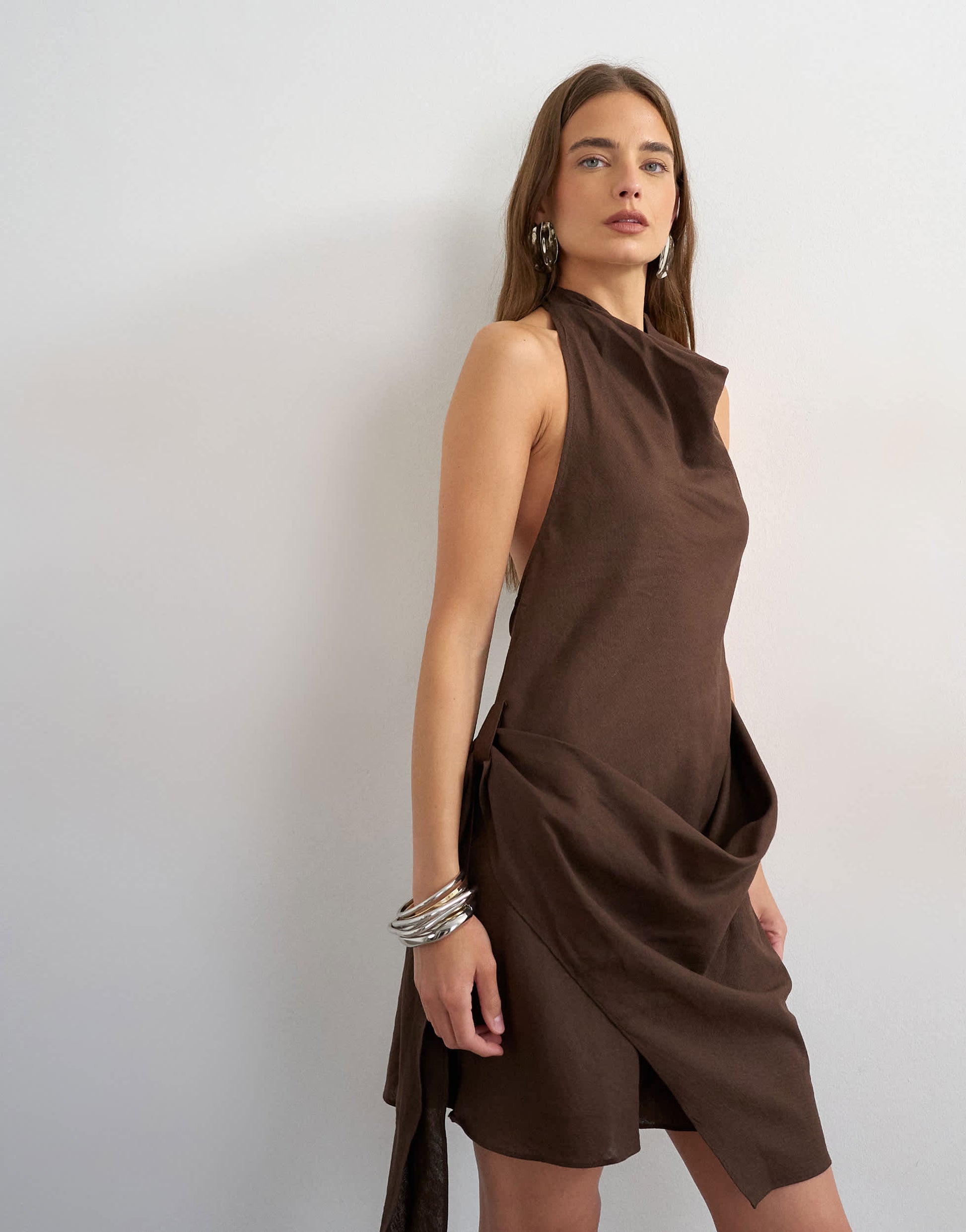 Topshop linen rich halter neck wrap mini dress in chocolate